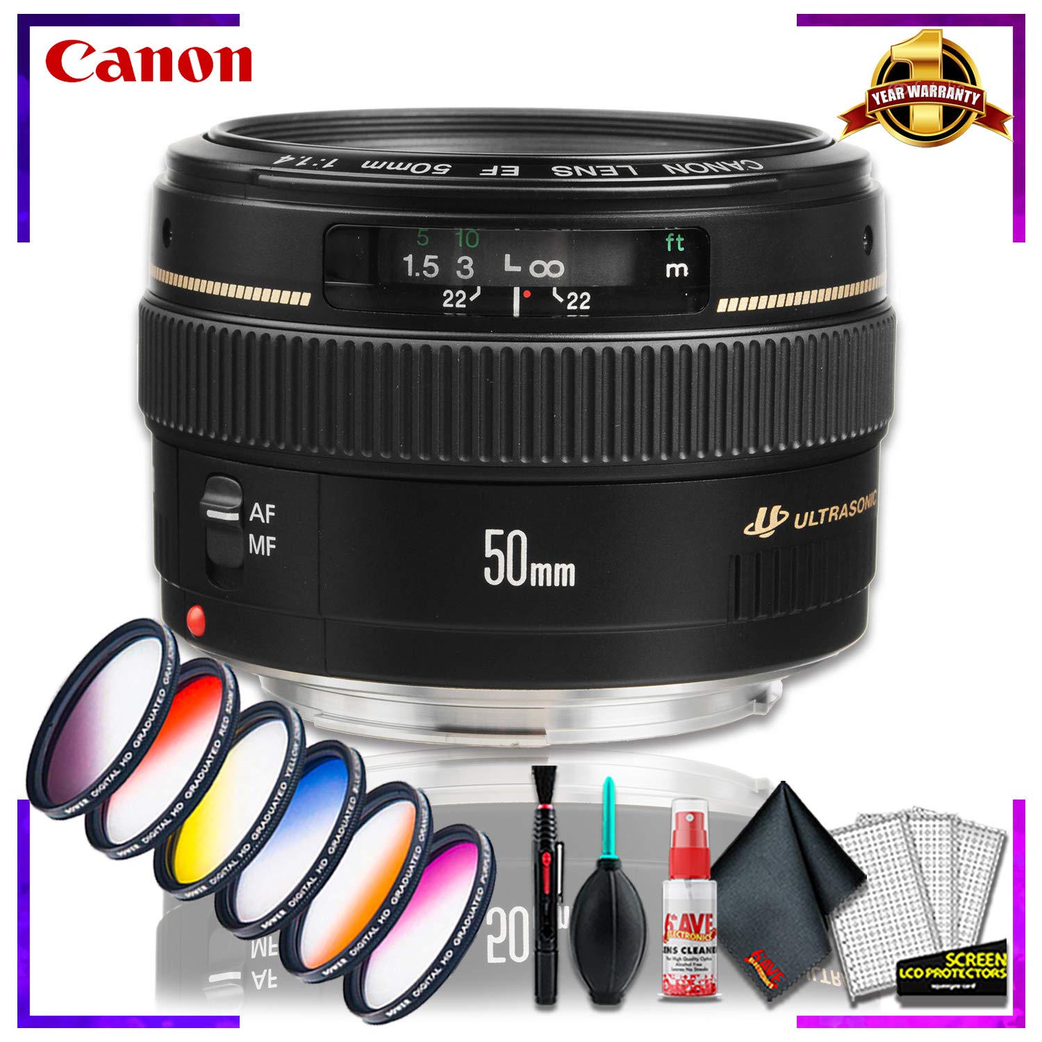 Canon EF 50 1.4 USM 58MM Lens (International Model) + Vivitar Graduated Color Filter Kit + Cleaning Kit