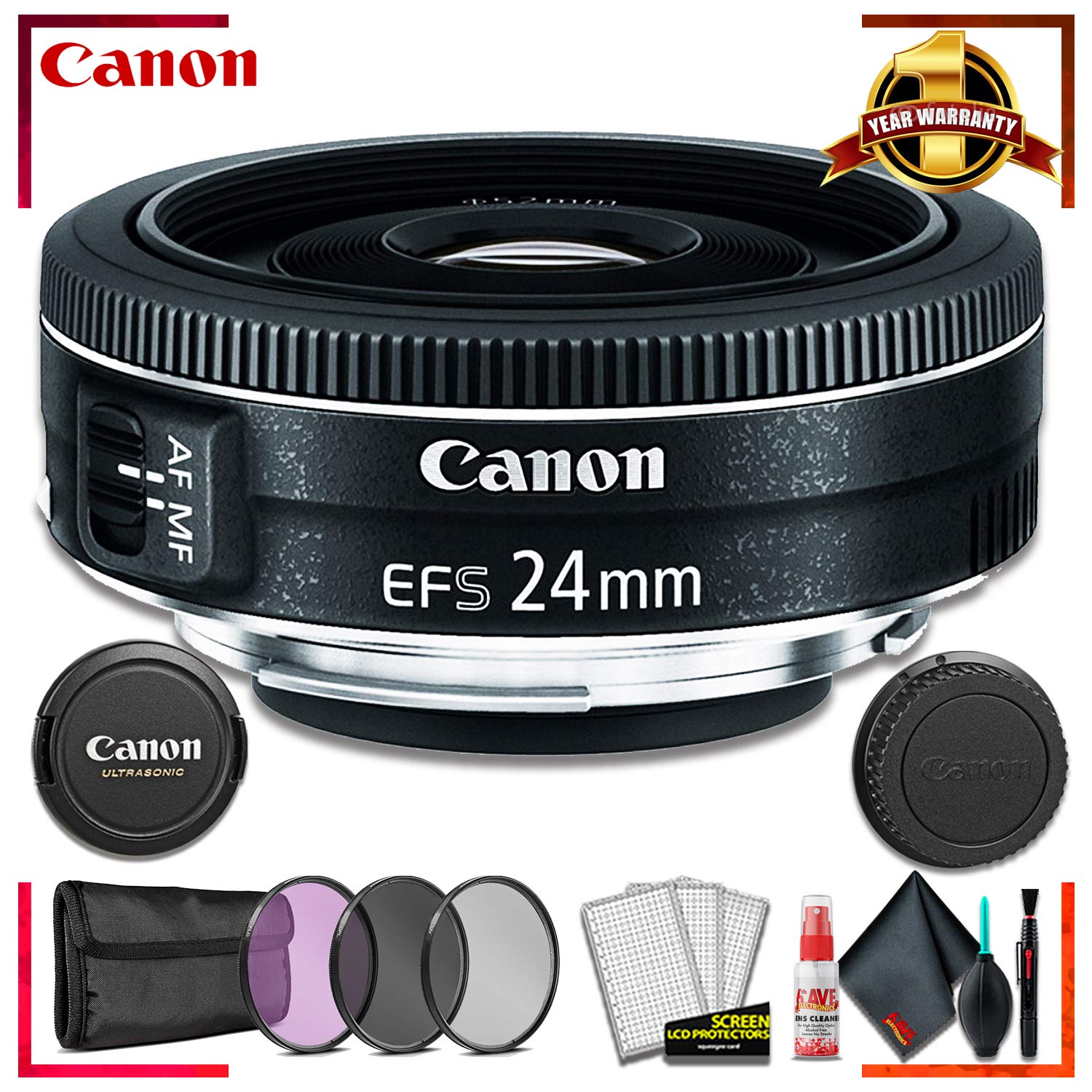 Canon EF-S 24MM F2.8 STM Camera Lens (International Model) + 3 Pcs Filter Kit + Cleaning Kit
