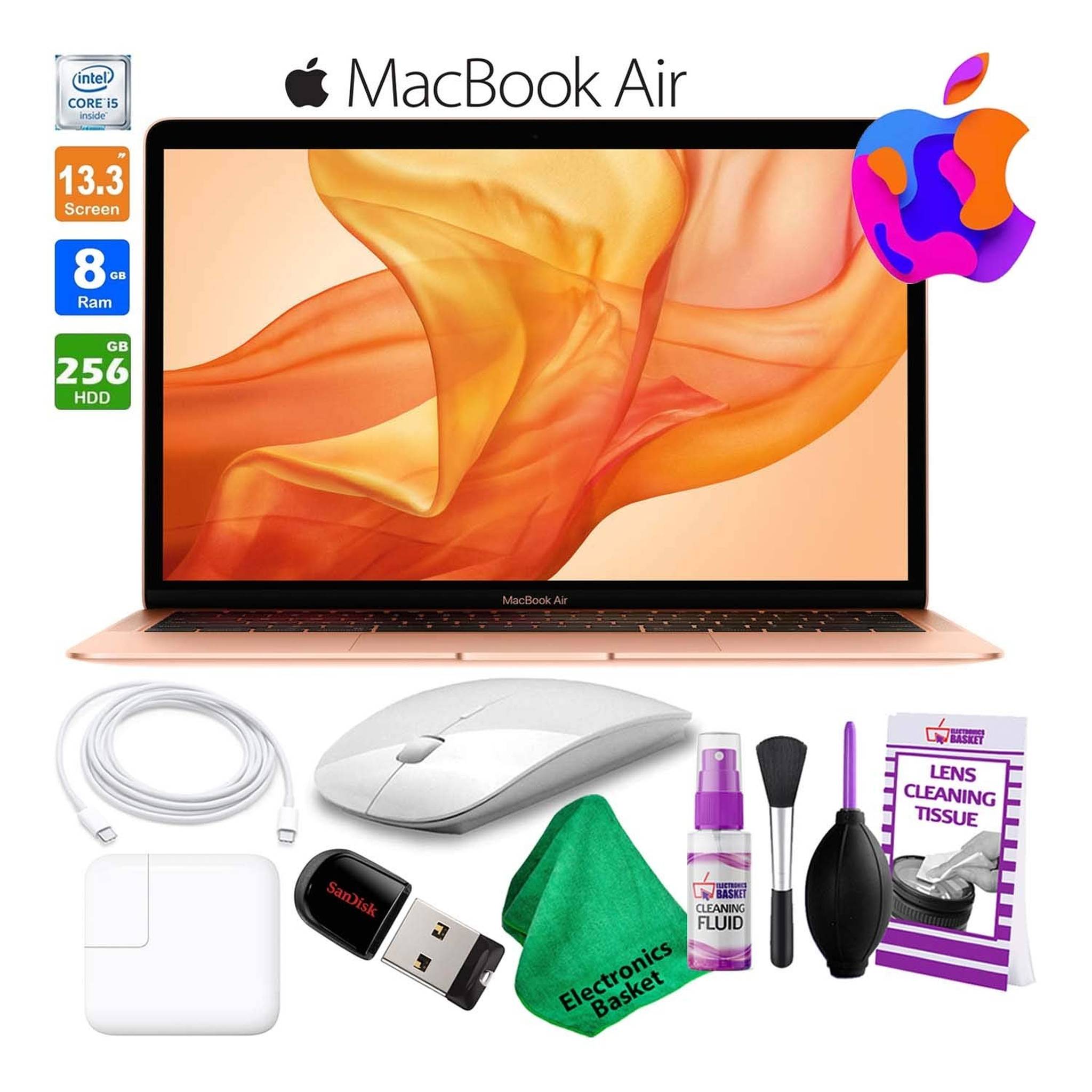 13 Inch MacBook Air w/ Retina Display 256GB SSD Late 2018, Gold MREF2LL/A Laptop Computer Best Value Bundle Includes Wireless Mouse, USB Flash Drive, and Cleaning Kit