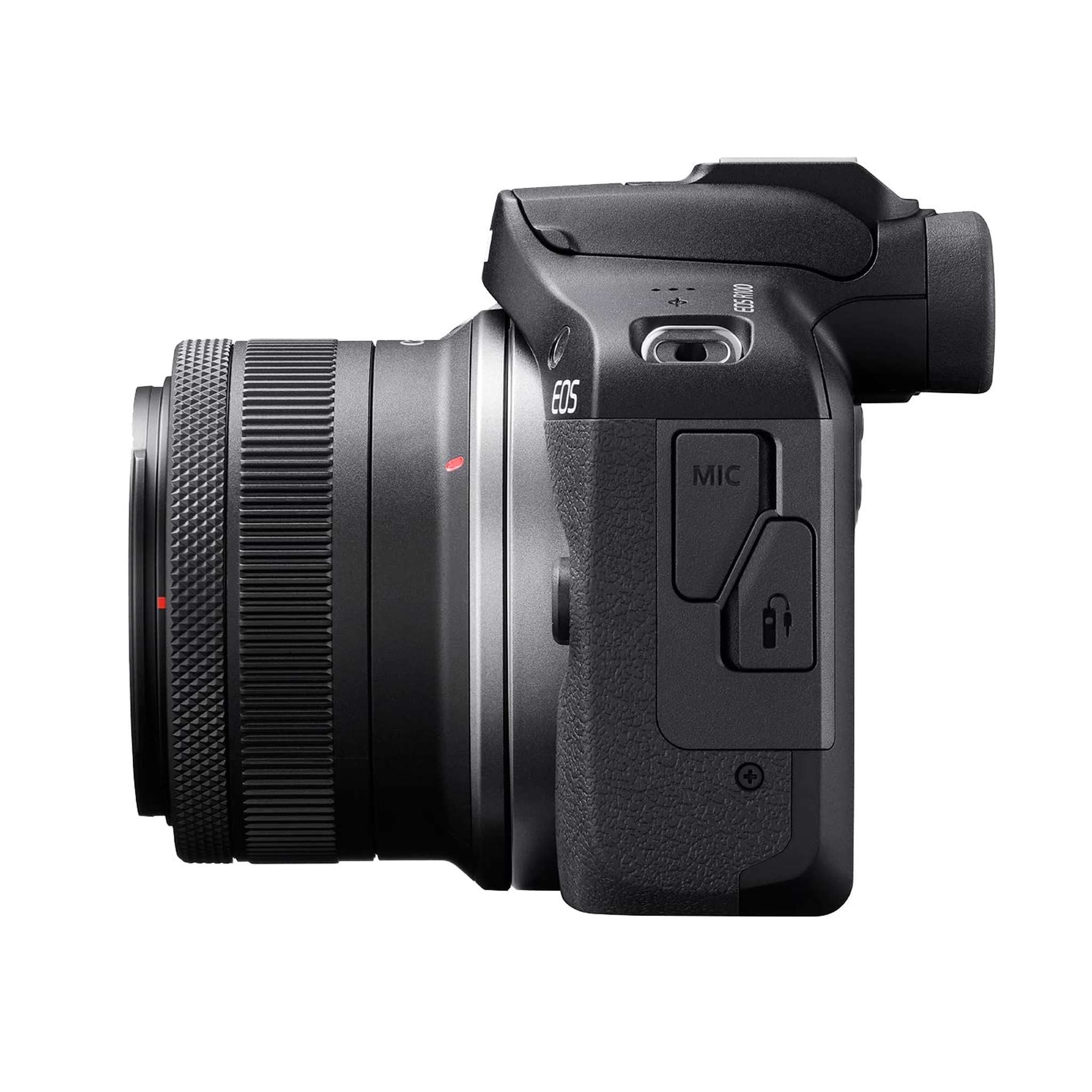 Canon EOS R100 RF-S18-45mm F4.5-6.3 is STM Lens Kit, Mirrorless Camera, RF Mount, 24.1 MP, Continuous Shooting, Eye Detection AF, Full HD Video, 4K, Lightweight, Wi-Fi, Bluetooth, Content Creation