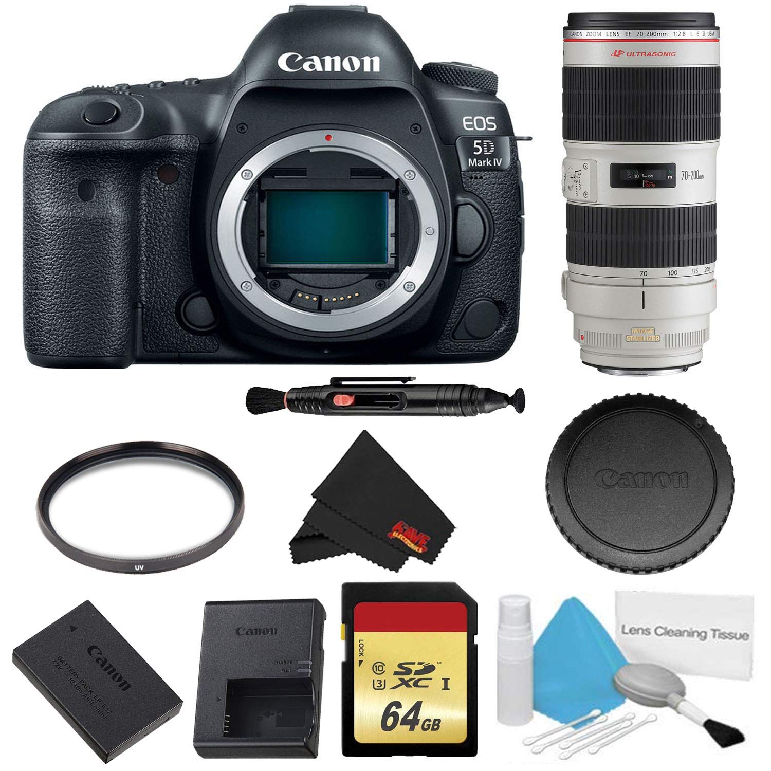 Canon EOS 5D Mark IV DSLR Camera Body Only Basic Filter & Memory Kit w/ 70-200mm 2.8L USM is II Lens - International M
