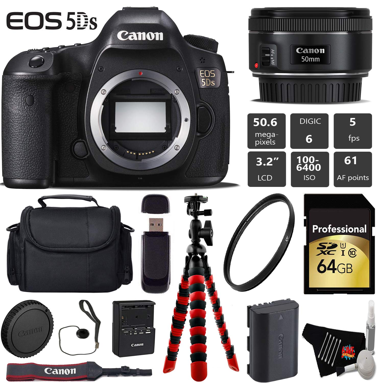 Canon EOS 5DS DSLR Camera with 50mm f/1.8 STM Lens + Wireless Remote + UV Protection Filter + Case + Wrist Strap Pro Bundle