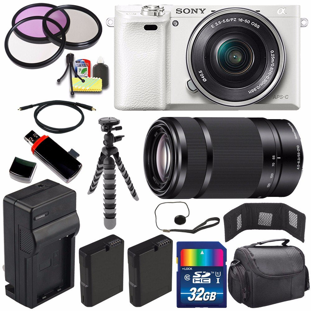 Sony Alpha a6000 Mirrorless Digital Camera with 16-50mm Lens (White) + Sony E 55-210mm f/4.5-6.3 OSS E-Mount Lens 32GB Ultimate Bundle