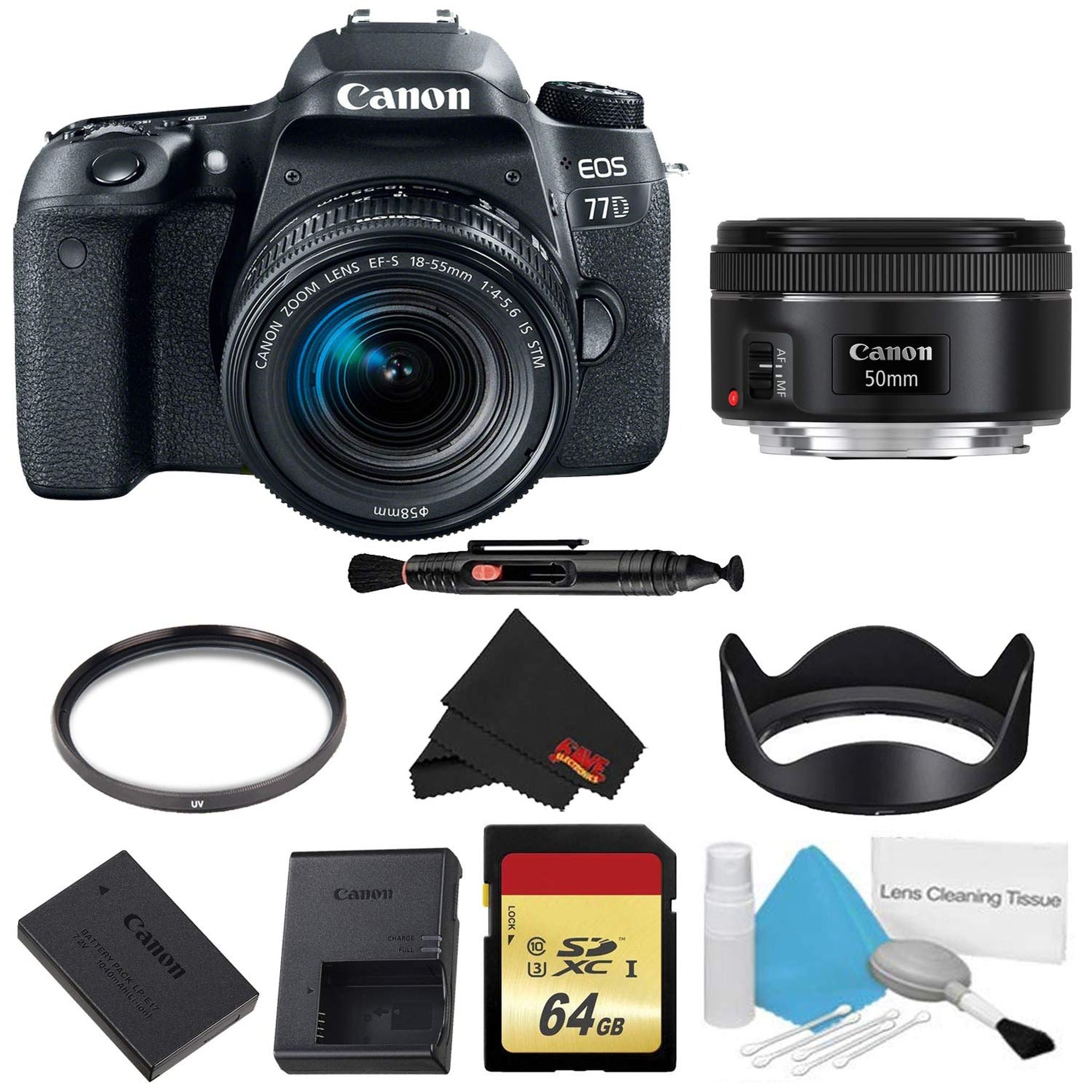 Canon EOS 77D DSLR Camera with 18-55mm Lens Bundle w/Memory Kit + 50mm Lens International Model Canon
