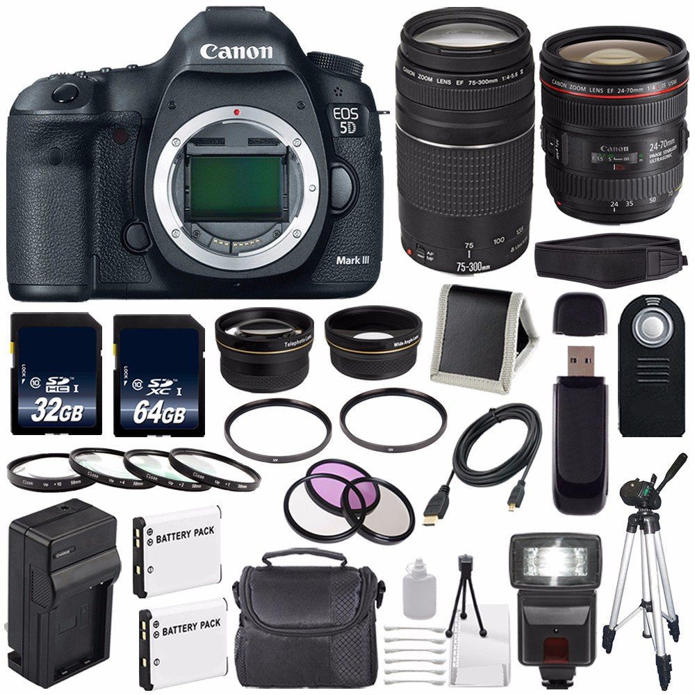 Canon EOD 5D III Digital Camera International Model + Canon EF 24-70mm f/4L is USM Lens + Canon EF 75-300 III Advanced Bundle