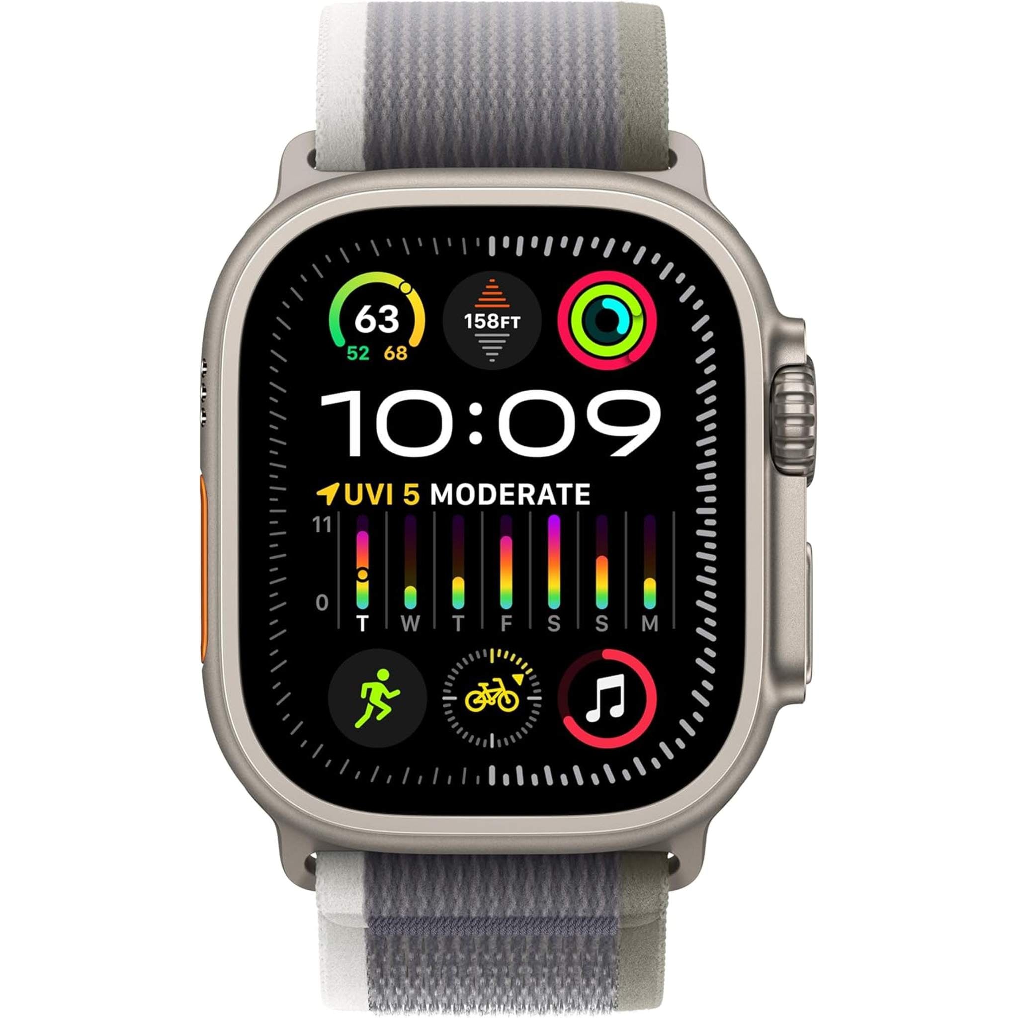 Apple Watch Ultra 2 GPS + Cellular 49mm Smartwatch with Rugged Titanium Case & Green/Grey Trail Loop S/M. Fitness Tracker, Precision GPS, Action Button, Extra-Long Battery Life, Carbon Neutral - Reconditioned