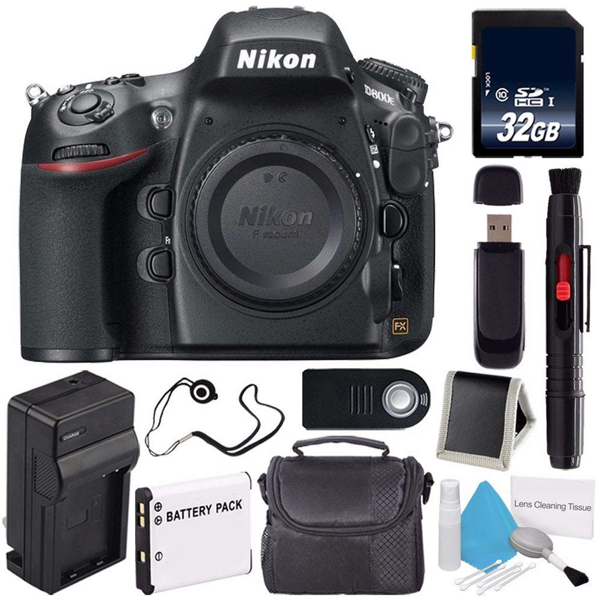Nikon D800E Digital Camera Body Only International Model + Carrying Case + Lens Pen Cleaner + Lens Cap Keeper + 32GB Memory Card
