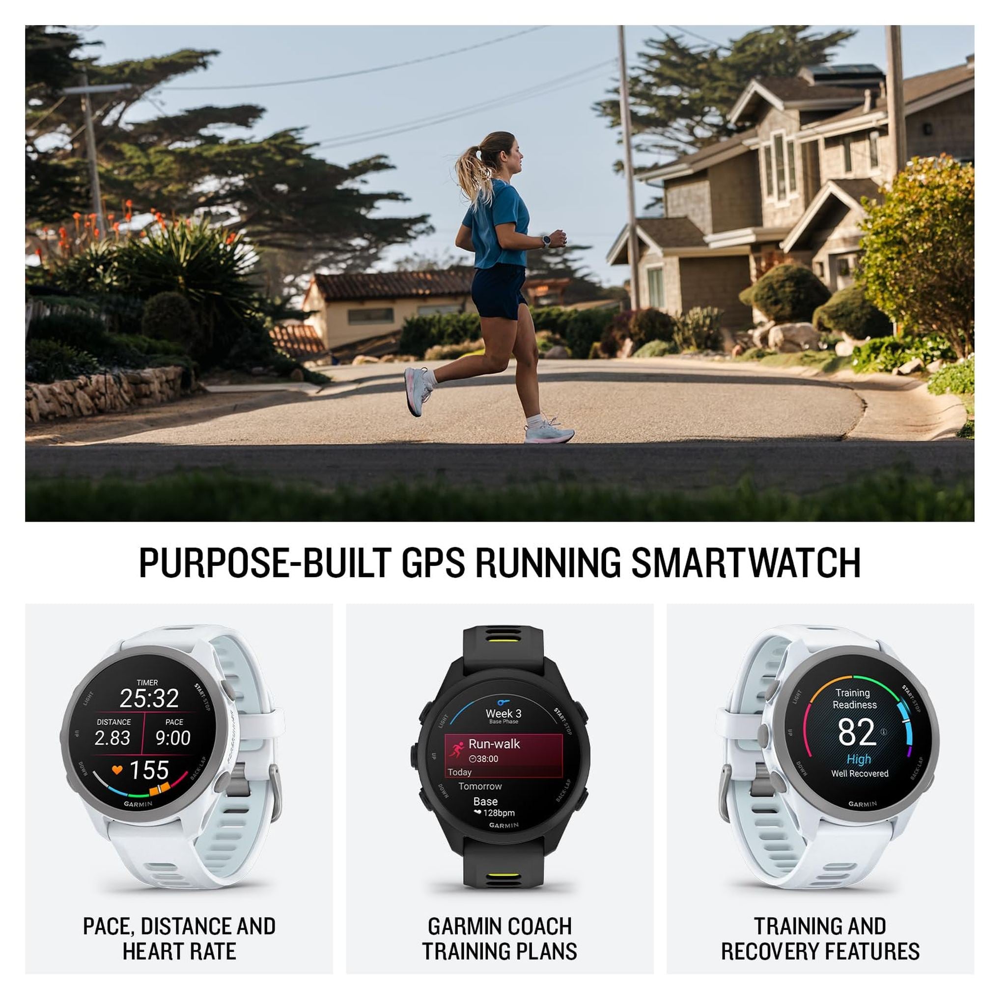 Garmin Forerunner® 170, GPS Running Smartwatch, Advanced Training Metrics and Recovery Insights, Whitestone with Whitestone/Cloud Blue Band