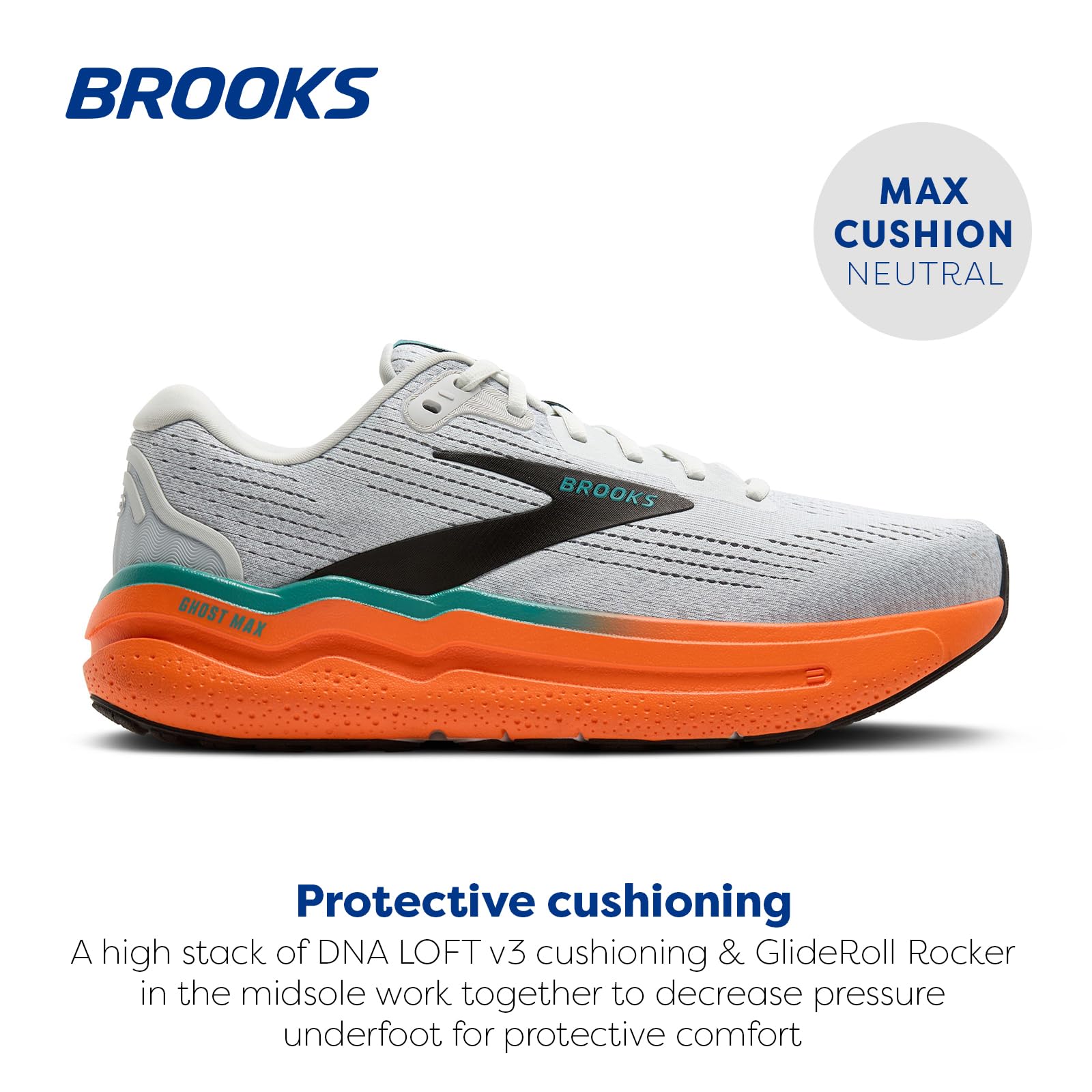 Brooks Men’s Ghost Max 2 Neutral Running & Walking Shoe - Oyster Mushroom/Orange/Teal - 9 Medium