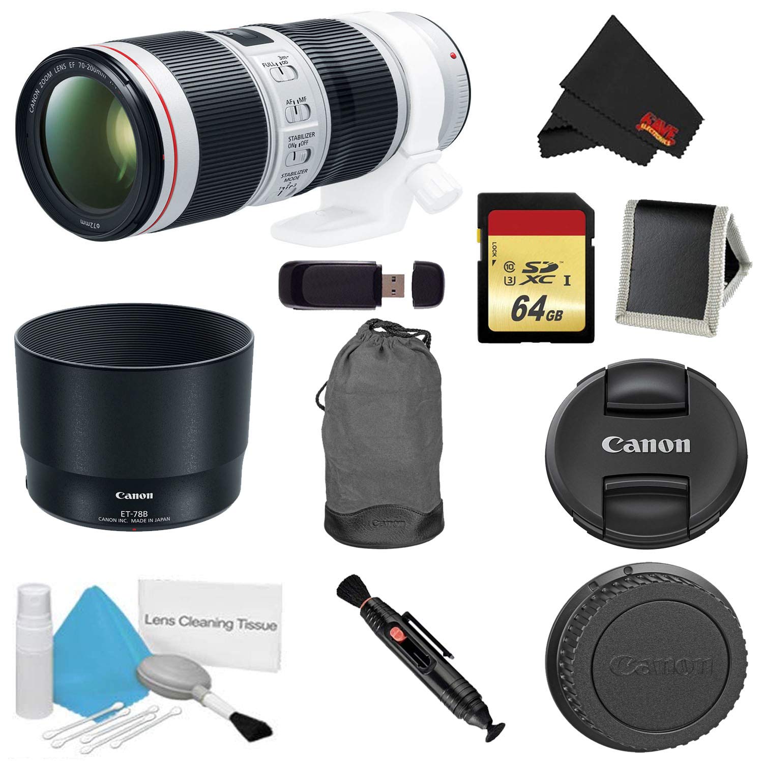 Canon EF 70-200mm f/4L is II USM Lens Bundle w/ 64GB Memory Card + Accessories International Model