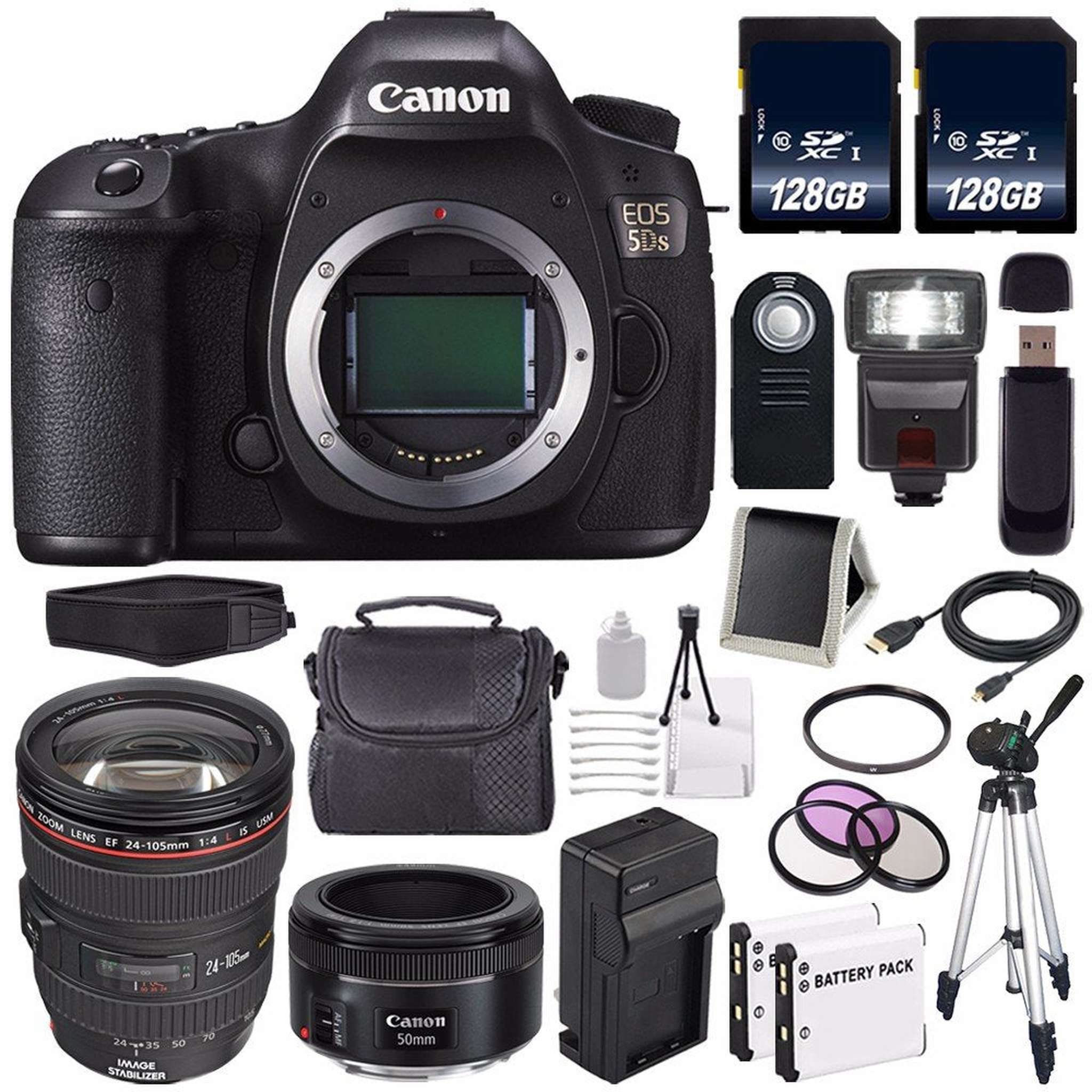 Canon EOS 5DS DSLR Camera International Model 0581C002 + Canon EF 24-105mm f/4L is USM Lens + EF 50mm f/1.8 STM Lens + LP-E6 Replacement Battery + Charger + 128GB SDXC Card Bundle - Used Canon