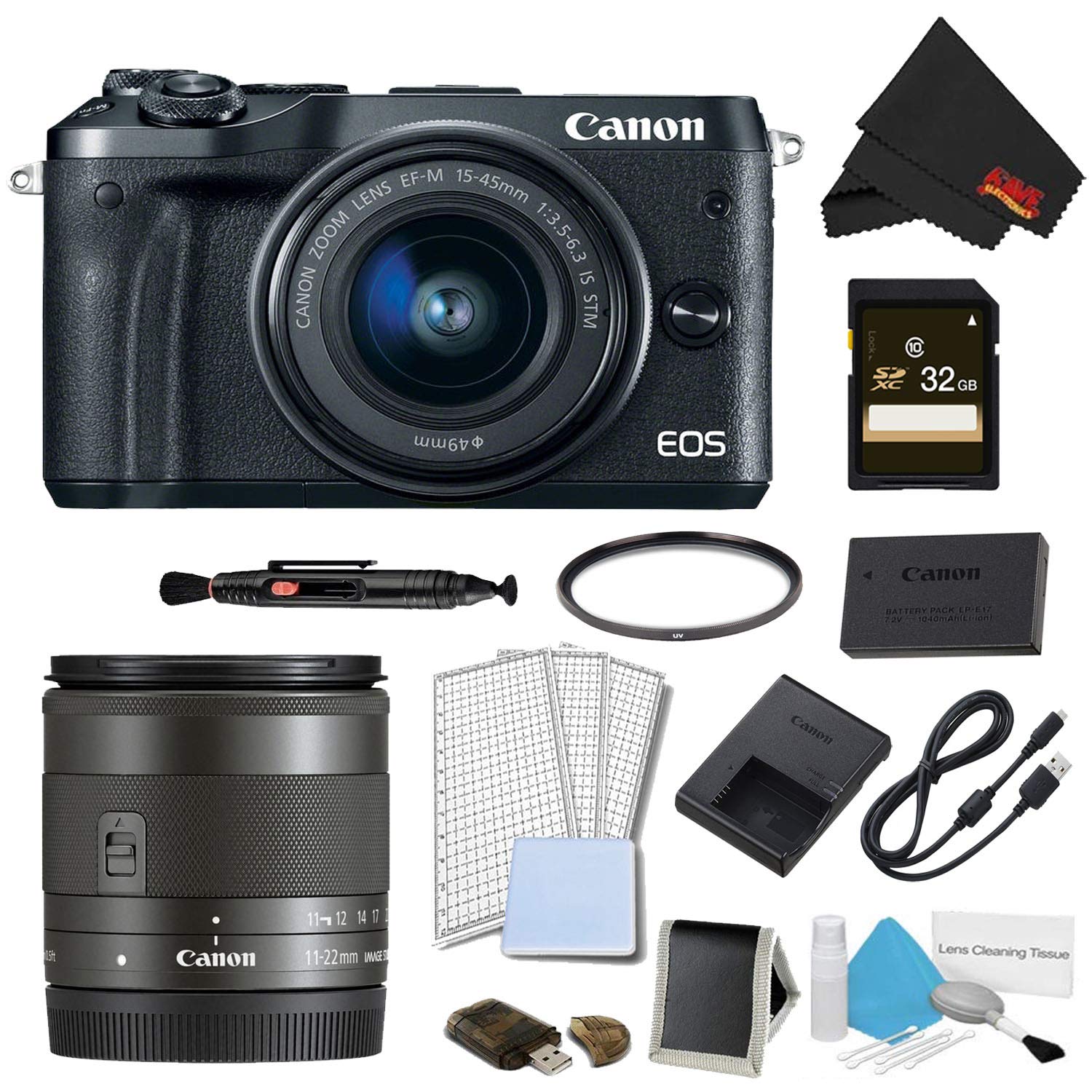 Canon EOS M6 Mirrorless Digital Camera with 15-45mm Lens Black Advanced Bundle w/Bonus EF-M 11-22MM Lens - Internation