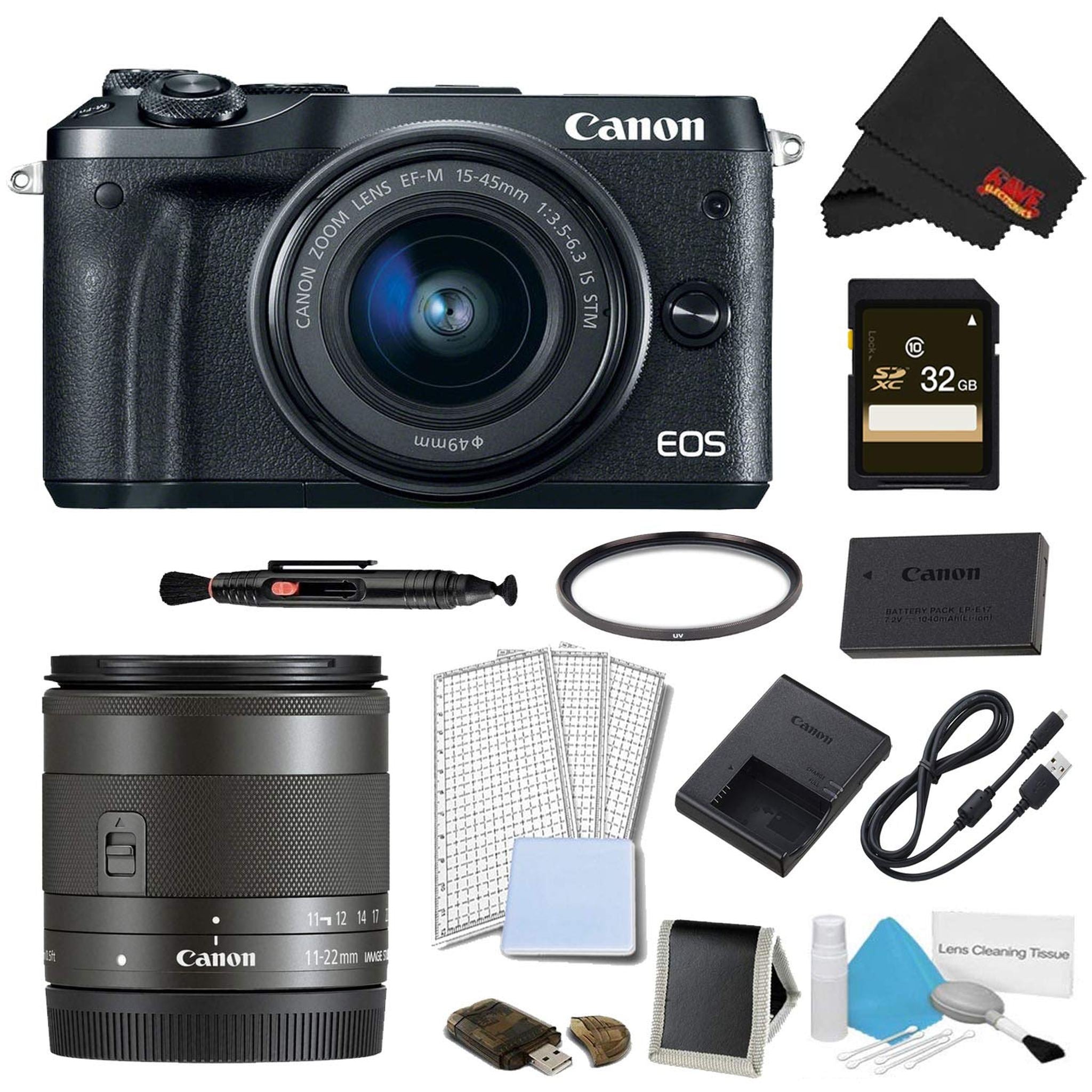 Canon EOS M6 Mirrorless Digital Camera with 15-45mm Lens Black Advanced Bundle w/Bonus EF-M 11-22MM Lens - Internation Canon