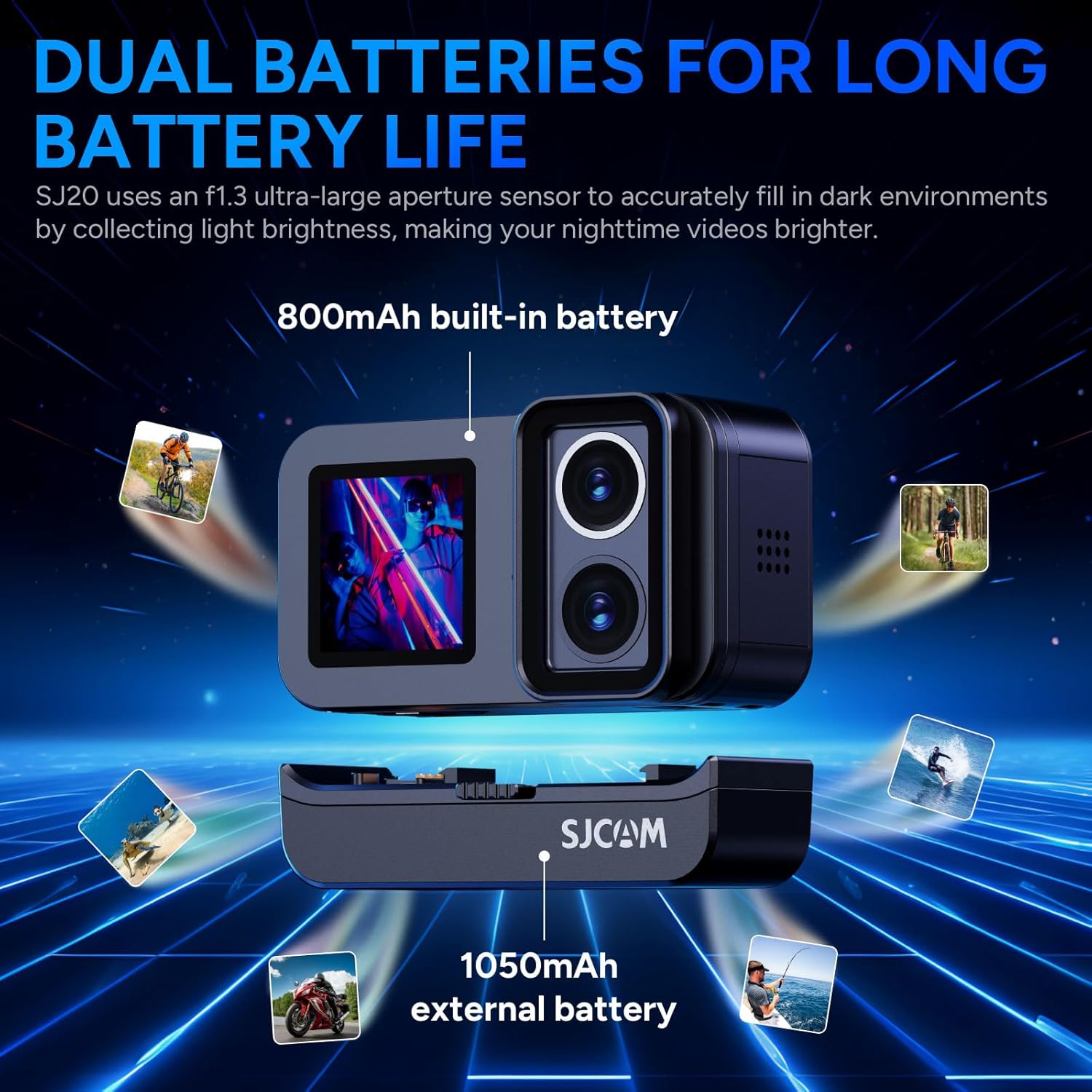 SJCAM SJ20 Action Camera 4K 20MP HDR Camera with Dual Lens,Dual Screen,Dual Batteries. f2.0/f1.3 Dual Sensor, Low Light Night Vision Camera,Stabilization 2.0 5G WiFi Cam,131ft Under-Waterproof Camera