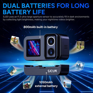 SJCAM SJ20 Action Camera 4K 20MP HDR Camera with Dual Lens,Dual Screen,Dual Batteries. f2.0/f1.3 Dual Sensor, Low Light Night Vision Camera,Stabilization 2.0 5G WiFi Cam,131ft Under-Waterproof Camera
