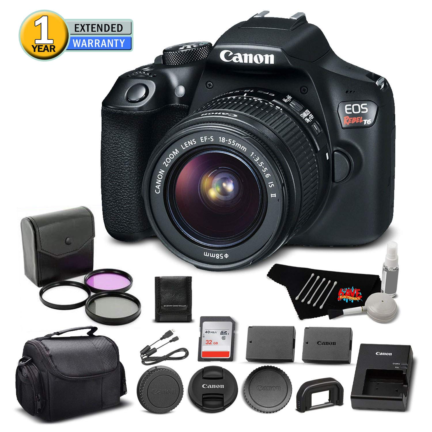 Canon EOS Rebel T6 Digital SLR Camera 1159C003 Bundle with 18-55mm f/3.5-5.6 is II Lens with 32GB Memory Card + More