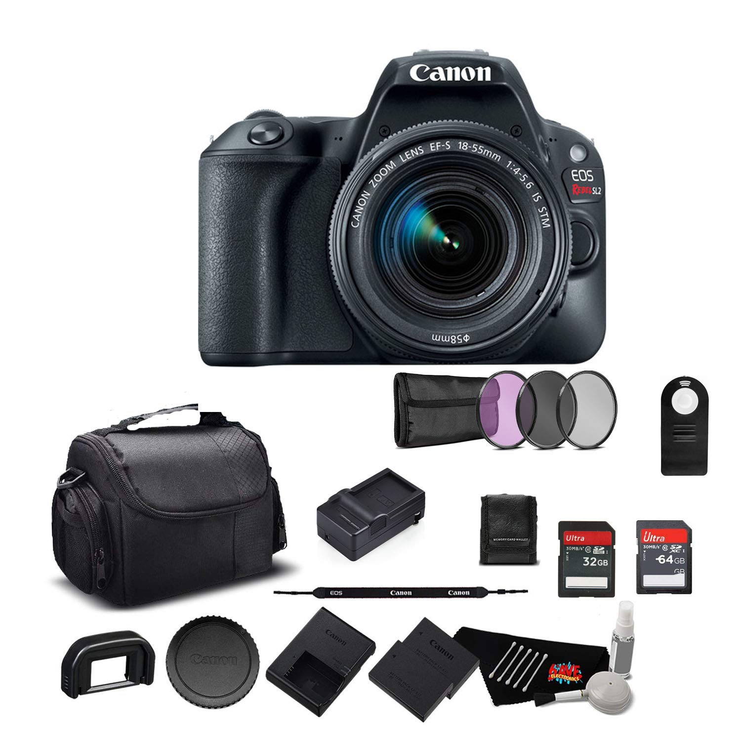 Canon EOS Rebel SL2 Digital SLR Camera with 18-55mm Lens 2249C002 International Model - Bundle with Memory Cards, Filter