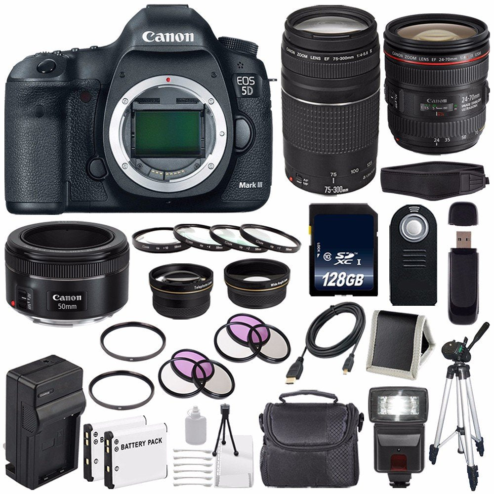 Canon EOD 5D III Digital Camera International Model + Canon EF 24-70mm f/4L is USM Lens + Canon EF 75-300 III+ EF 50mm Advanced Bundle
