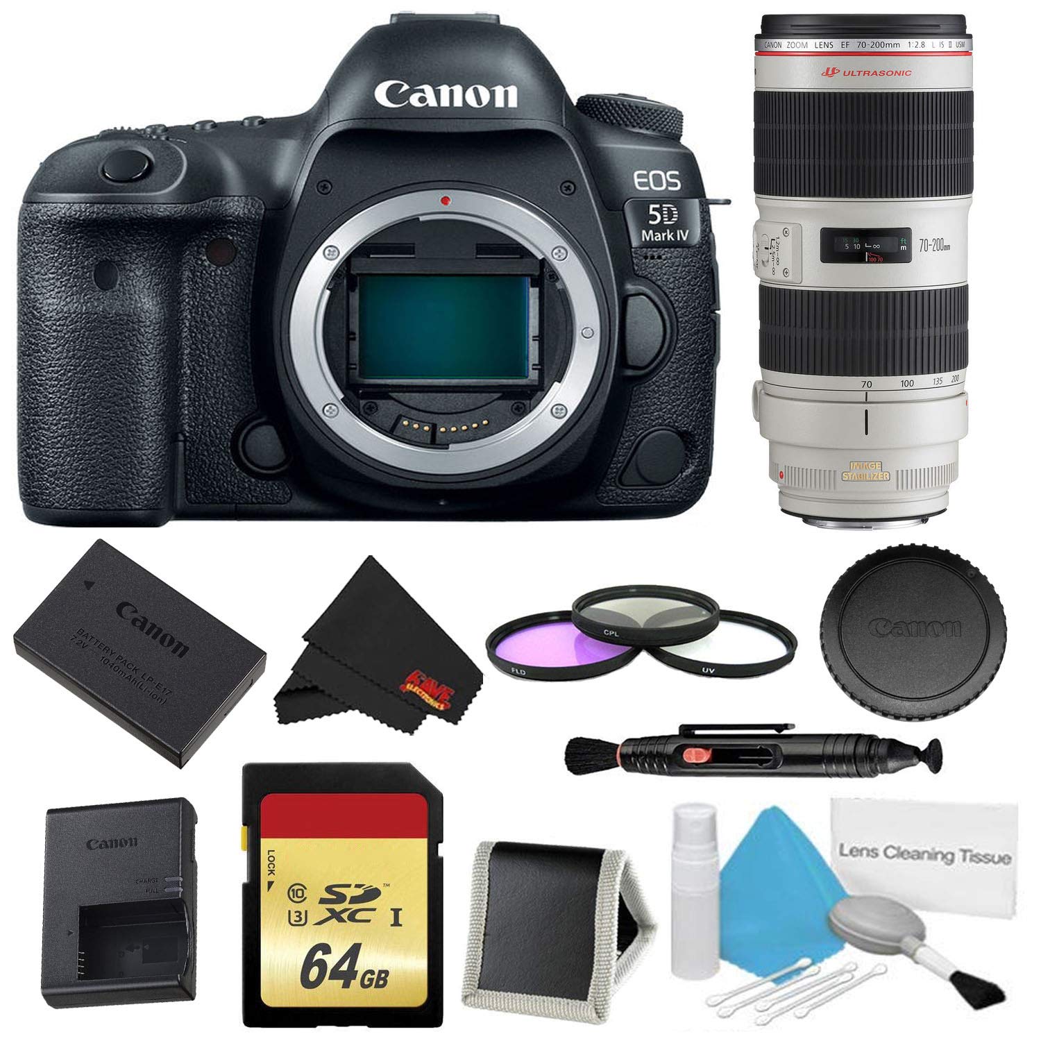 Canon EOS 5D Mark IV DSLR Camera (Body Only) 3 Piece Filter & Memory Kit w/ 70-200mm 2.8L USM is II Lens - International