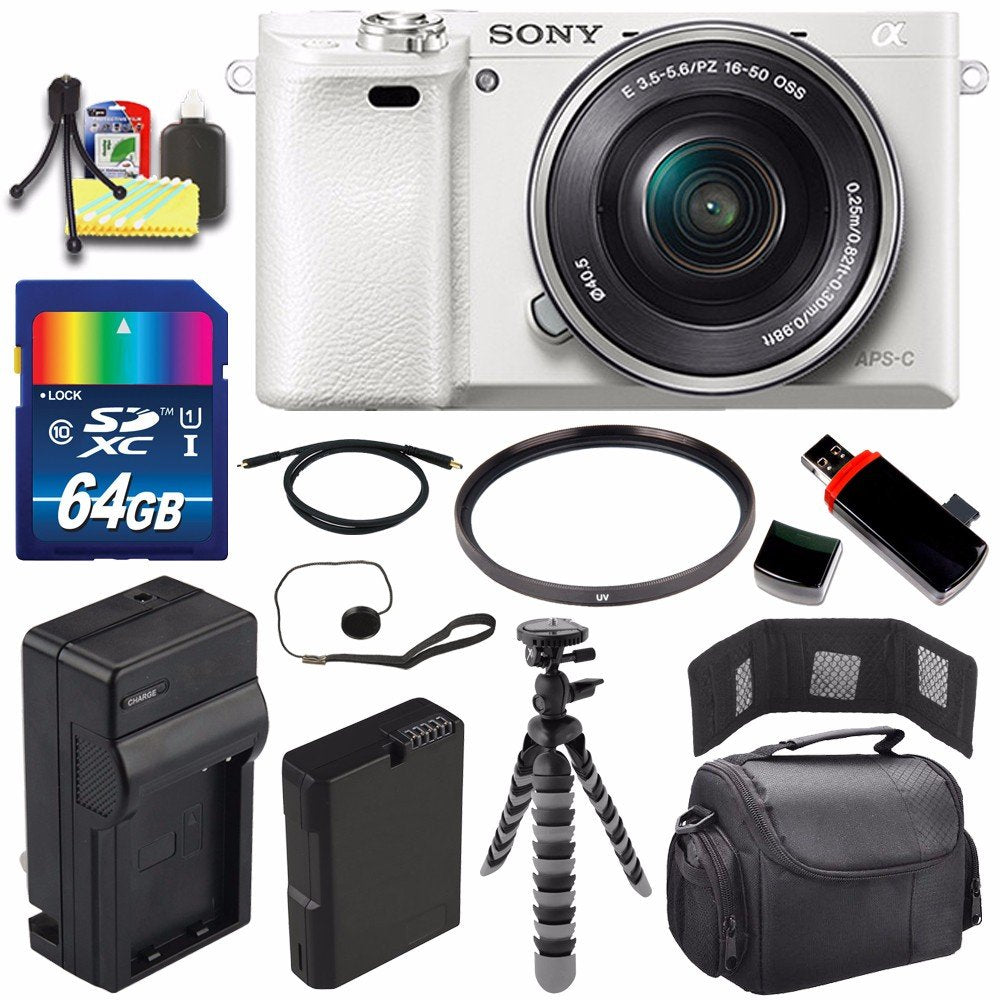 Sony Alpha a6000 Mirrorless Digital Camera with 16-50mm Lens (White) + Battery + Charger + 64GB Bundle 3 - International