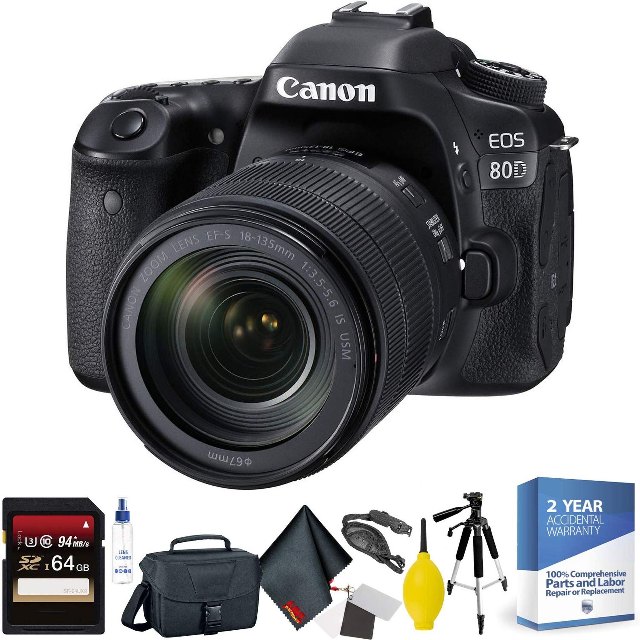 Canon EOS 80D DSLR Camera with 18-135mm Lens + 64GB Memory Card + Mega Accessory Kit + 2 Year Accidental Warranty Canon