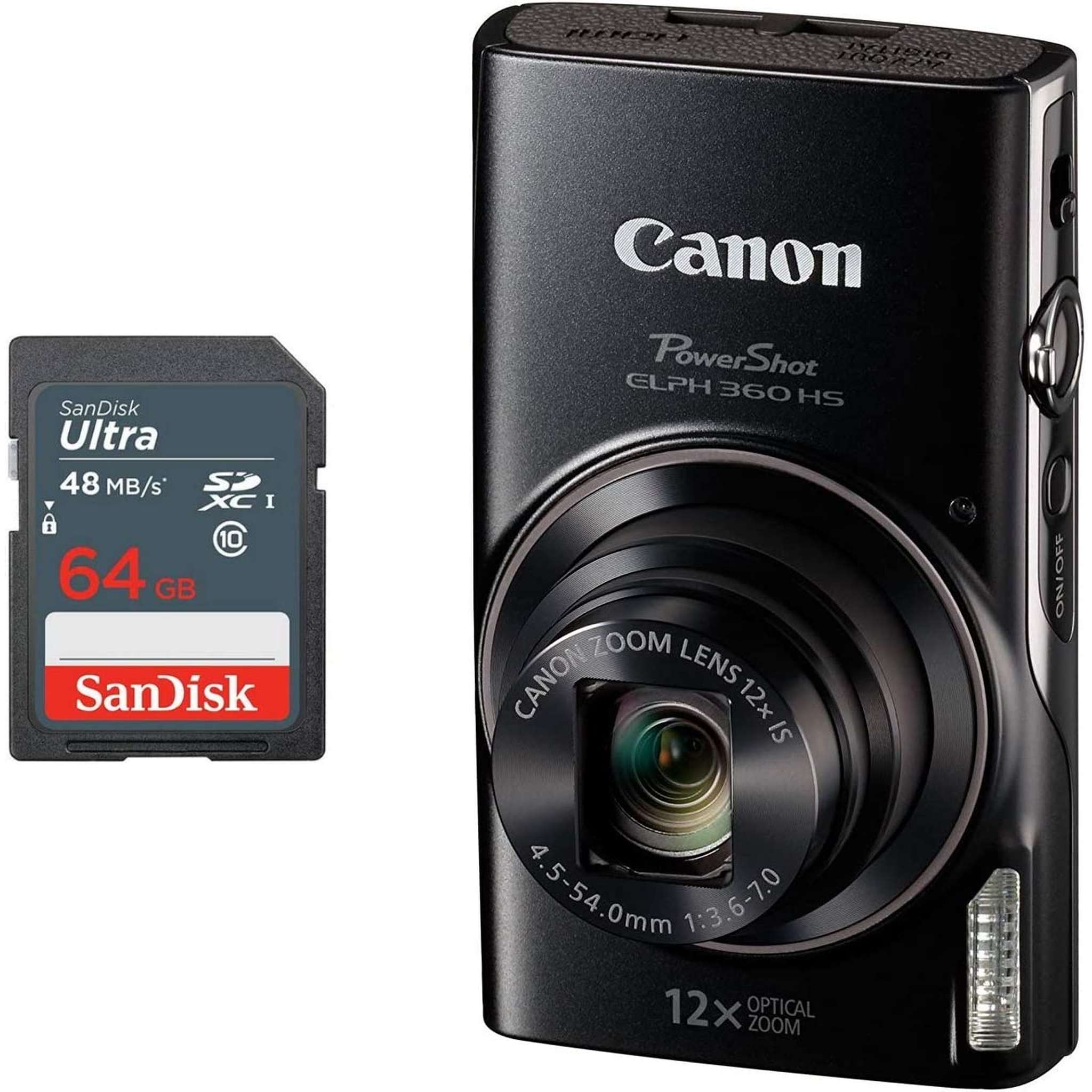 Canon PowerShot ELPH 360 HS Digital Camera + 64GB SD Memory Card Black - Used Canon