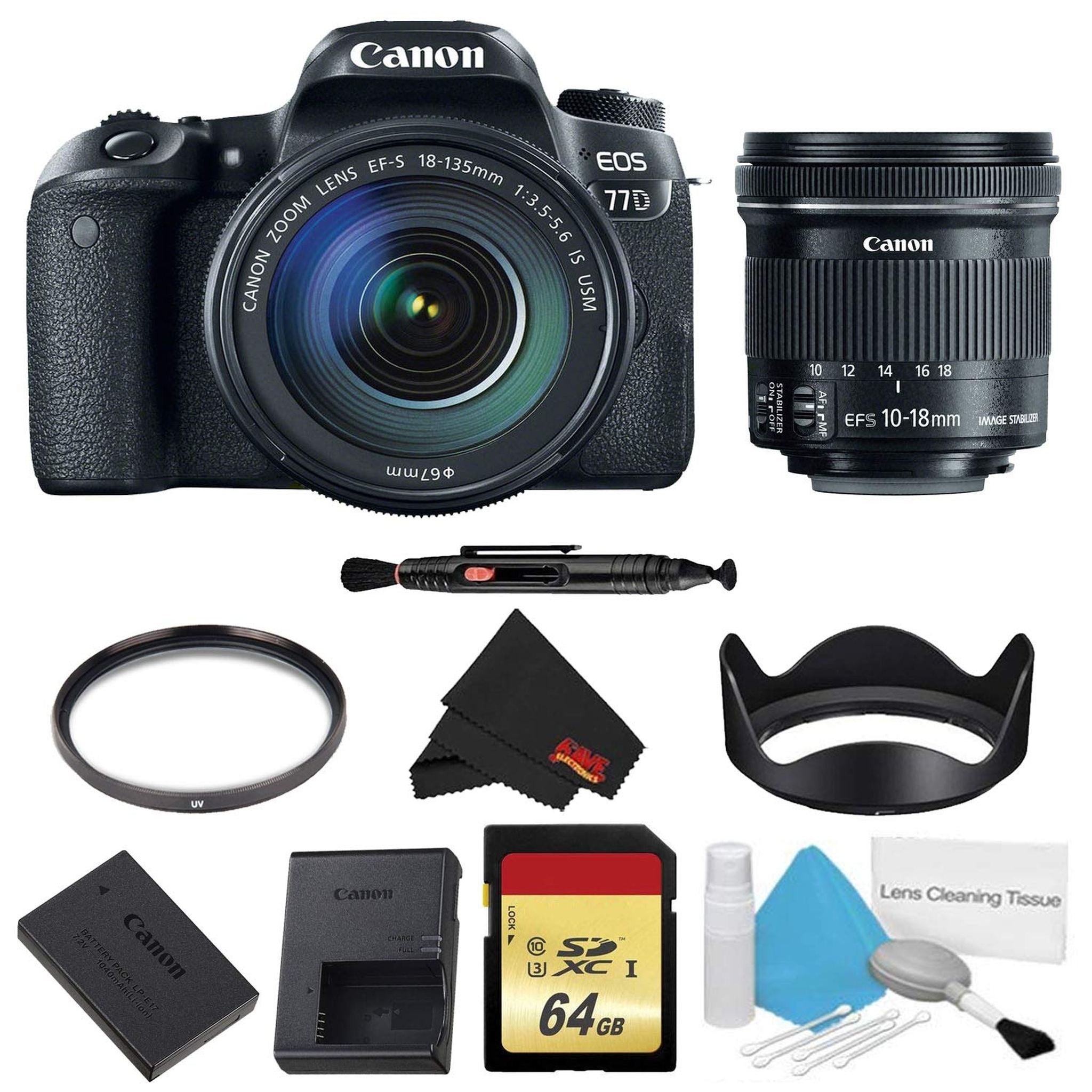 Canon EOS 77D DSLR Camera with 18-135mm Lens Bundle w/Memory Kit + Bonus 10-18mm Lens International Model