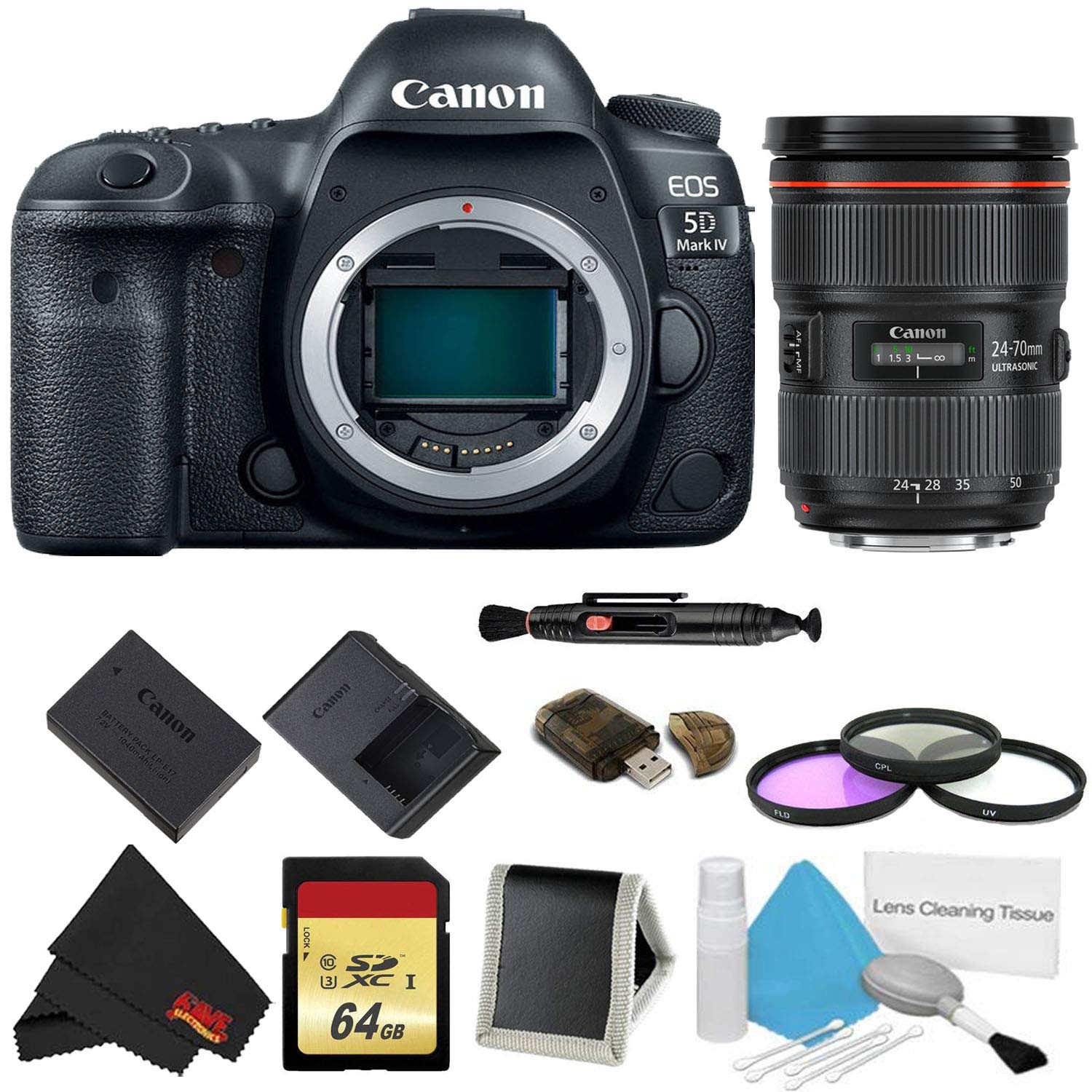 Canon EOS 5D Mark IV DSLR Camera (Body Only) 3 Piece Filter + Memory Kit w/ 24-70mm F/2.8L II USM Lens - International M