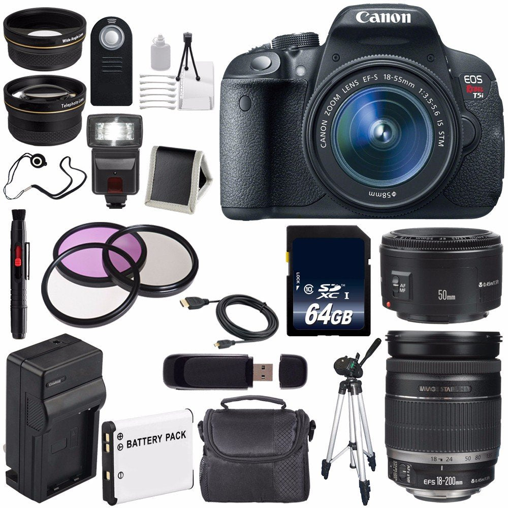 Canon EOS Rebel T5i 18 MP CMOS Digital SLR Camera w/EF-S 18-55mm f/3.5-5.6 Lens (International Model) + Canon EF 50mm f/