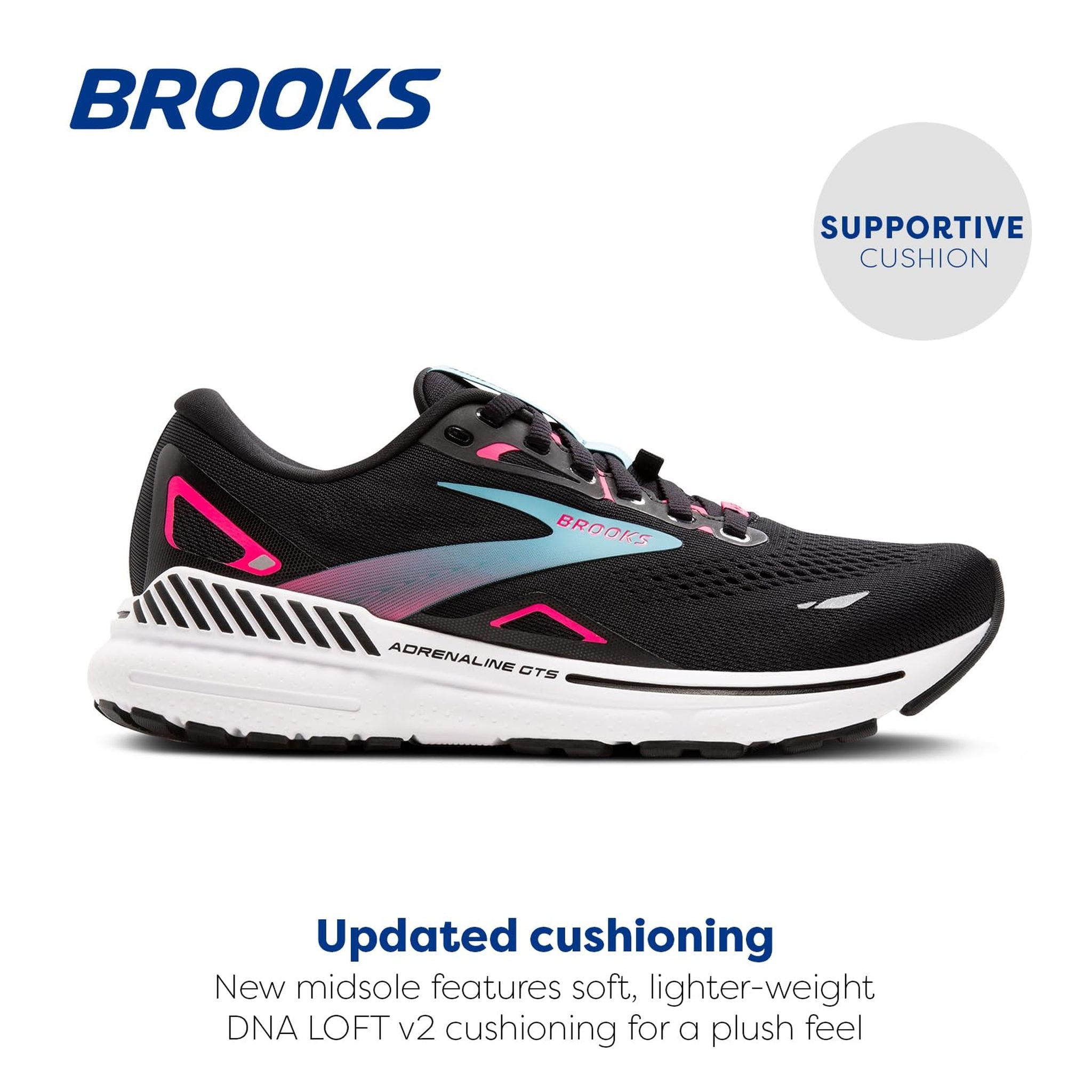 Brooks Women’s Adrenaline GTS 23 GTX Waterproof Supportive Running Shoe - Black/Knockout Pink/Aqua - 7 Medium