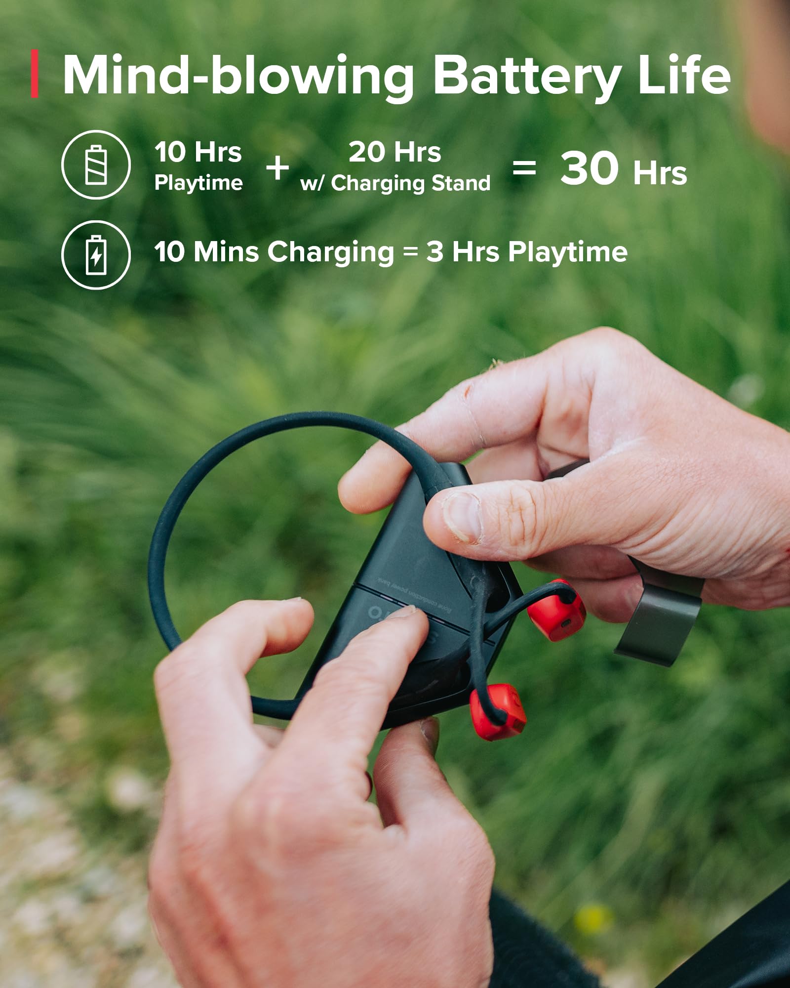 SUUNTO Wing Open-Ear Bone Conduction Headphone, Bluetooth Wireless Sport Headphone w/Head Movement Control, Built-in HD Mic, IP67 Sweatproof, Safety Lights, 10H Playtime & 20H w/Charging Stand, Red