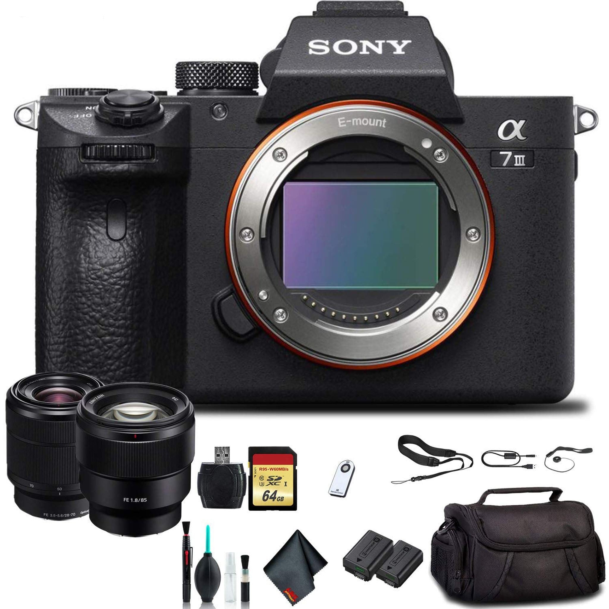 Sony Alpha a7 III Mirrorless Camera with 28-70mm Lens ILCE7M3K/B With Sony FE 85mm Lens, Soft Bag, Additional Battery, 64GB Memory Card, Card Reader Sony