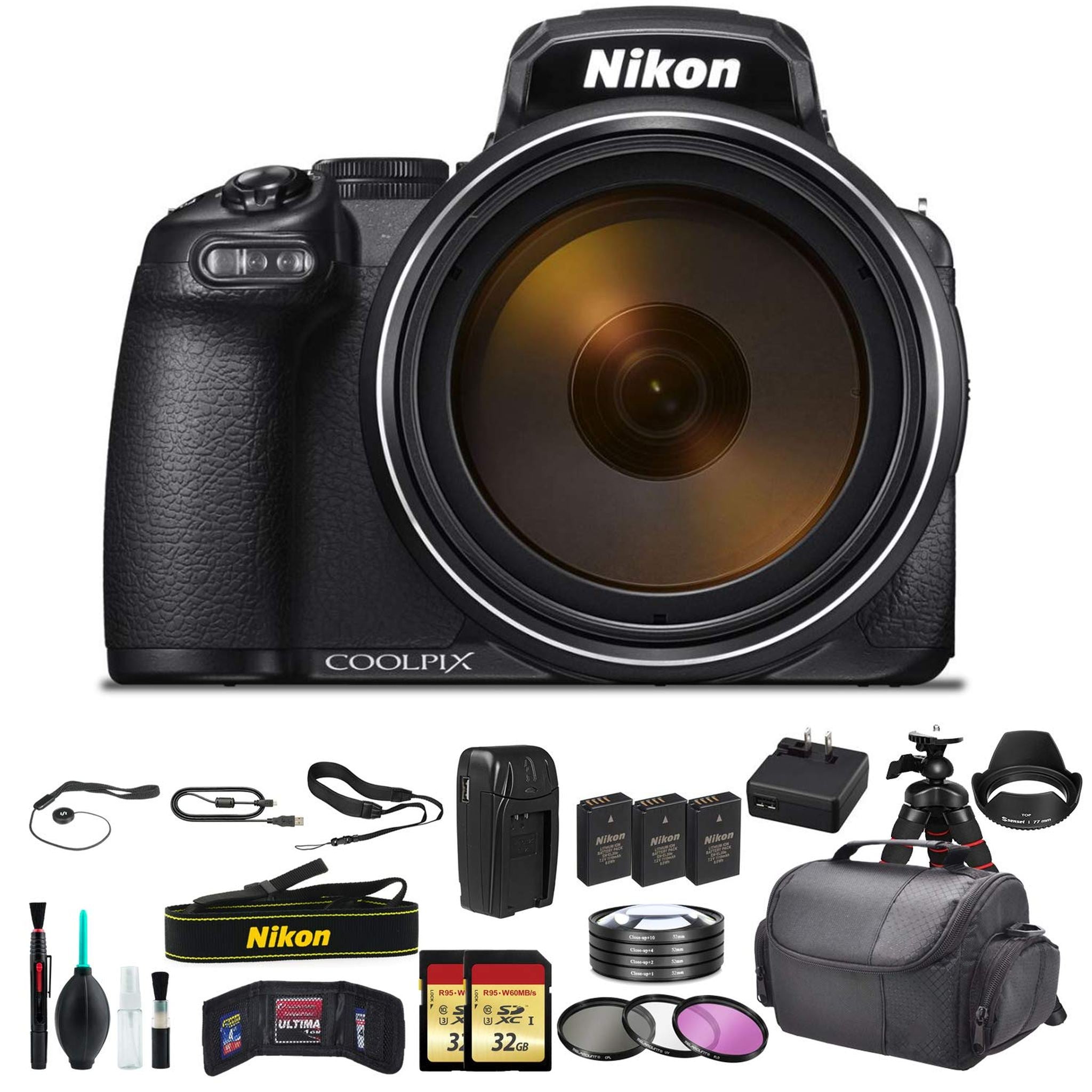 Nikon COOLPIX P1000 16.7 Digital Camera with 3.2" LCD, Black - Bundle Kit with x 32GB Memory Cards + 2X Spare Batteries + Spare Charger + Close Up Filter Kit+ More Nikon