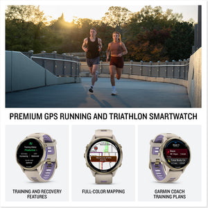 Garmin® Forerunner® 970, Premium GPS Running and Triathlon Smartwatch, AMOLED Display, Built-in LED Flashlight, Soft Gold Titanium with French Gray Case and French Gray/Translucent Indigo Band