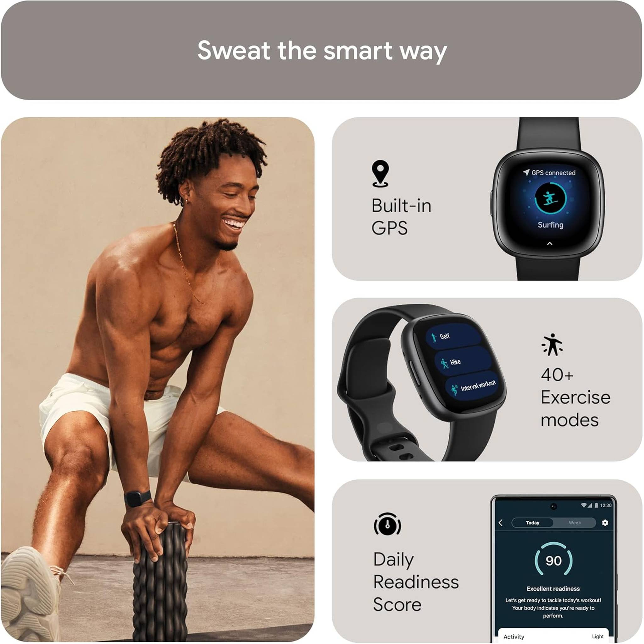 Fitbit Versa 4 Fitness Smartwatch with Daily Readiness, GPS, 24/7 Heart Rate, 40+ Exercise Modes, Sleep Tracking and more, Black/Graphite, One Size S & L Bands Included - Reconditioned Fitbit