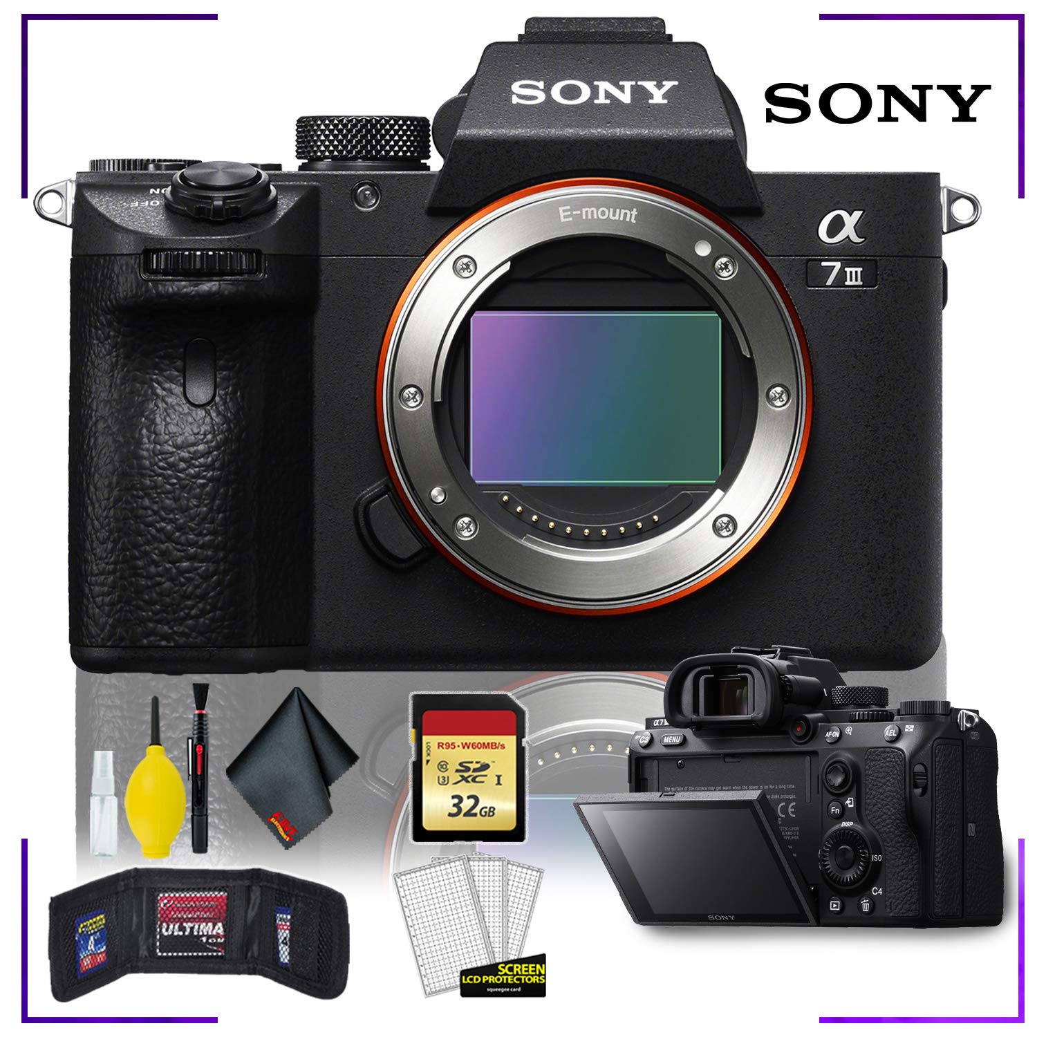 Sony Alpha a7 III Mirrorless Digital Camera (Body Only) with Camera Cleaning Kit Bundle + 32gb Memory SD Card and Memory