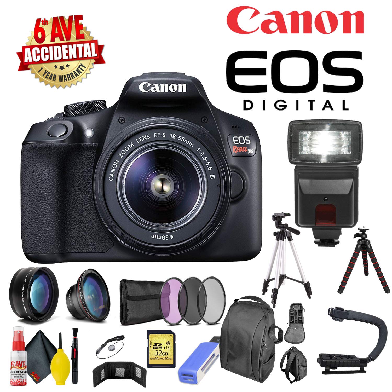 Canon EOS Rebel T6 18-55 DC III Kit + Stabilizing Handle/Video Grip + Slave Flash Filters+ Class 10 32SD Memory Card Bundle