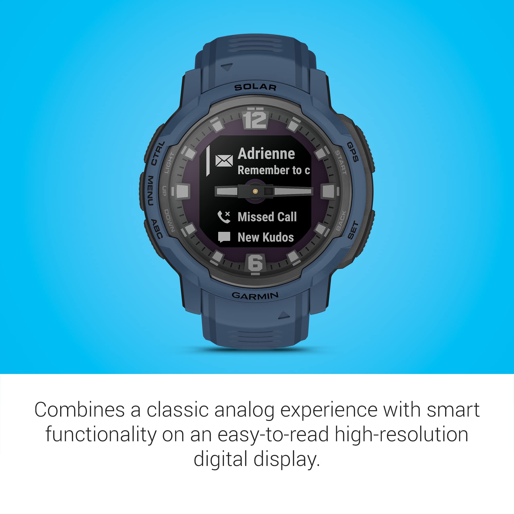 Garmin Instinct Crossover Solar, Rugged Hybrid Smartwatch with Solar, Analog Hands and Digital Display, Tidal Blue