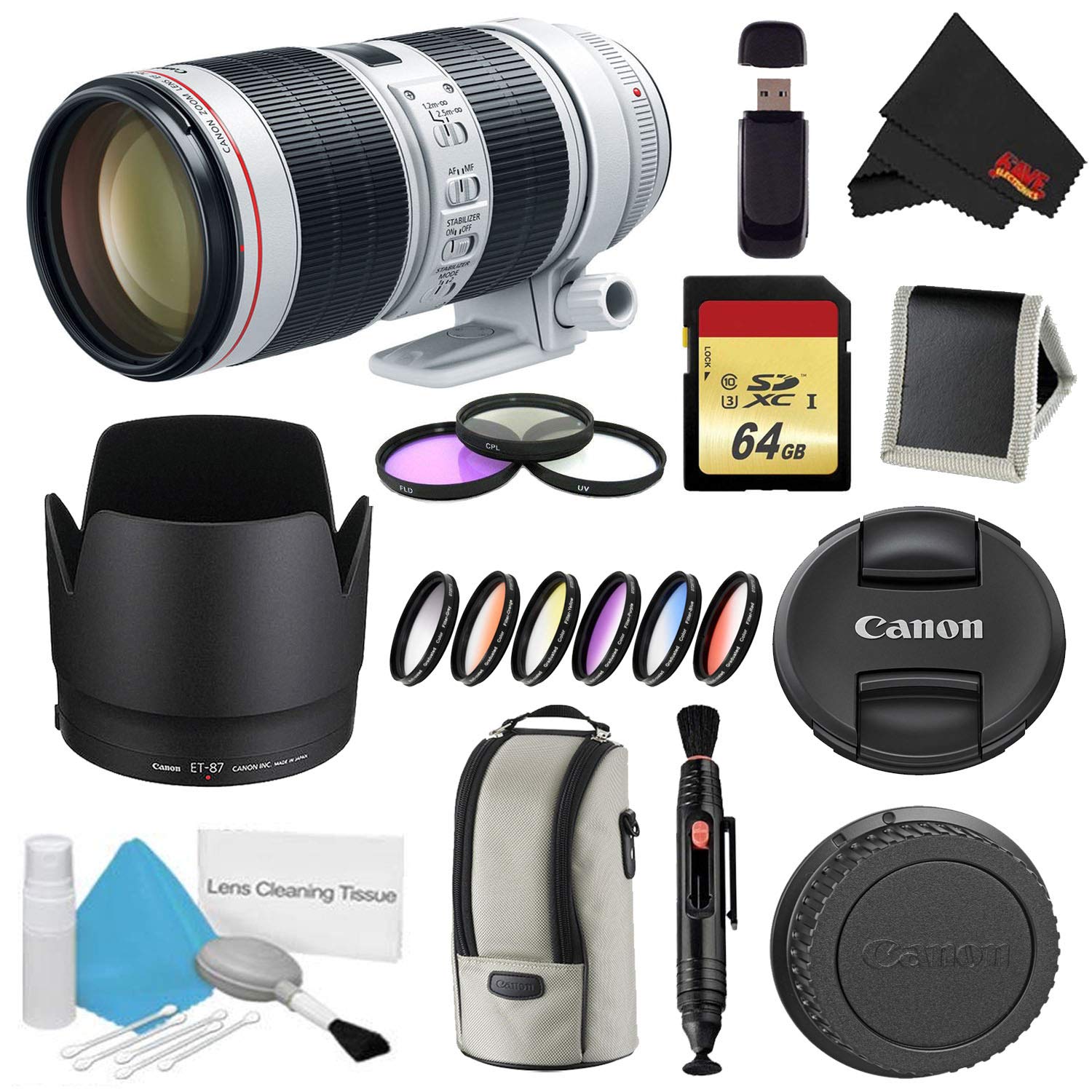Canon EF 70-200mm f/2.8L is III USM Lens Bundle w/ 64GB Memory Card + Accessories, 3 Piece Filter Kit, and Color Multico