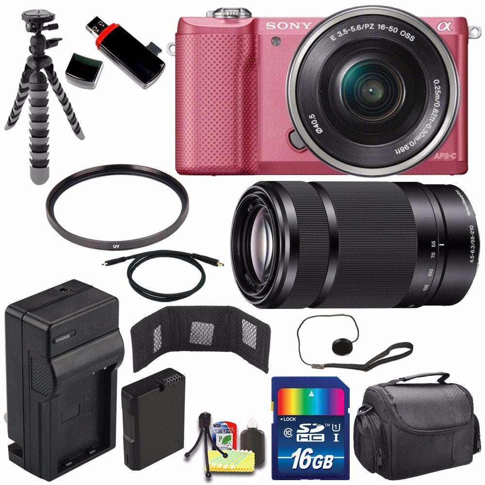 Sony Alpha a5000 Mirrorless Digital Camera with 16-50mm Lens (Pink) + Sony E 55-210mm f/4.5-6.3 OSS E-Mount Lens 16GB Bu