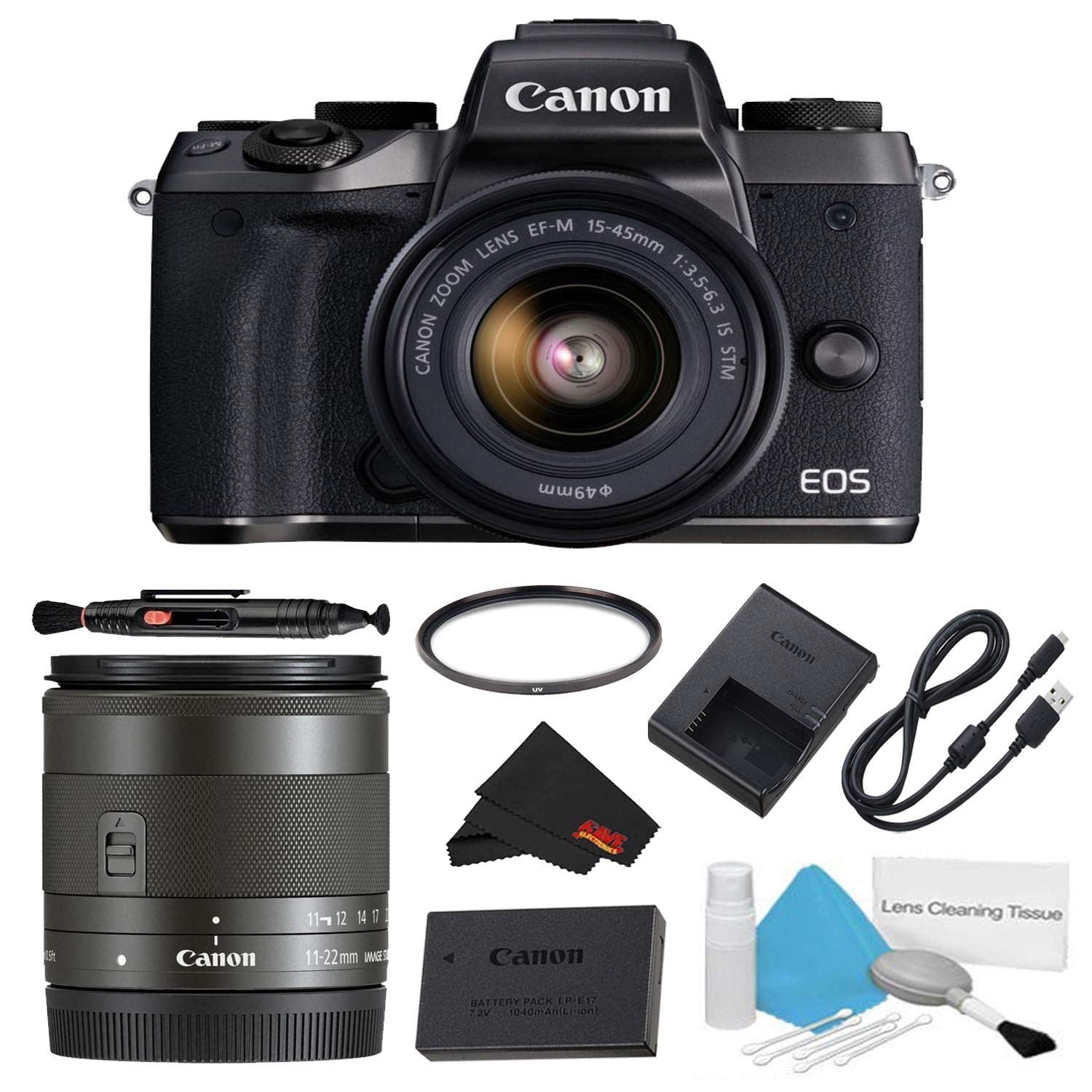 Canon EOS M5 Mirrorless Digital Camera with 15-45mm Lens Basic Bundle w/Bonus EF-M 11-22MM Lens - International Model