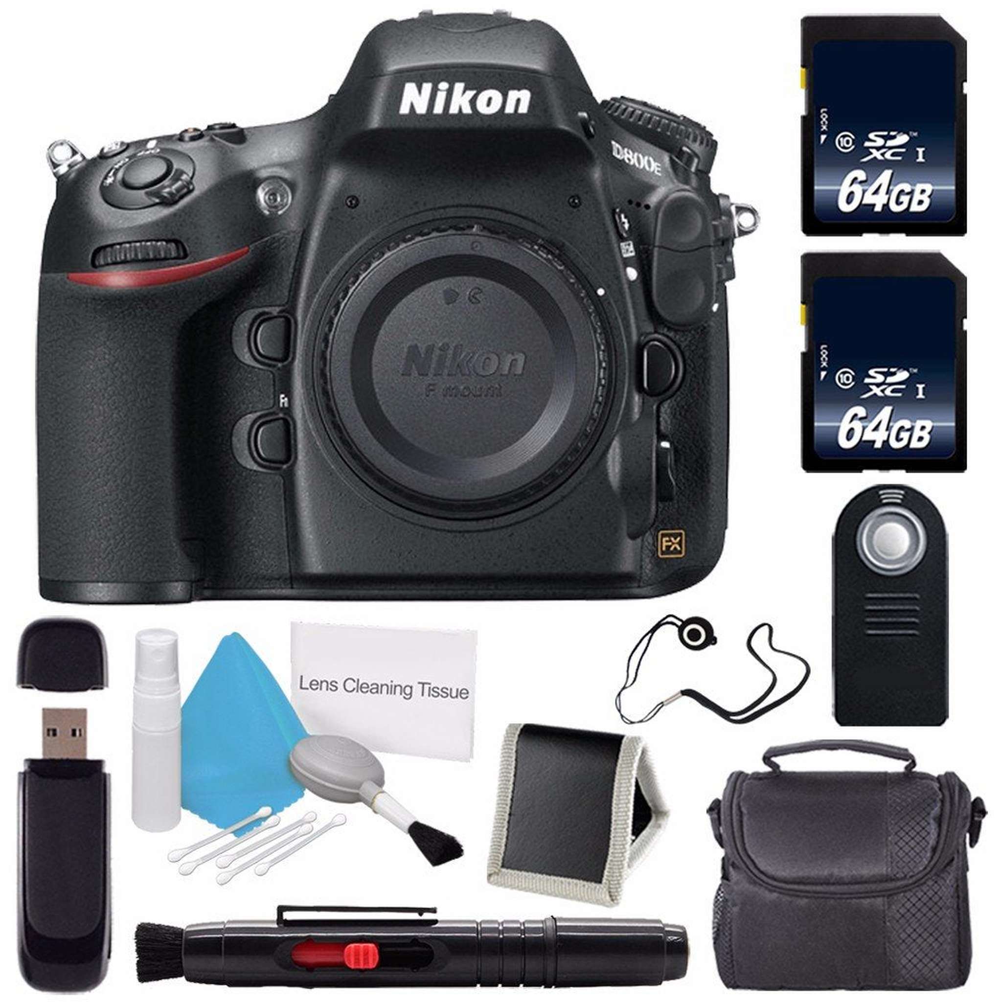Nikon D800E Digital Camera Body Only International Model + Carrying Case + Lens Pen Cleaner + Lens Cap Keeper + 64GB Memory Card