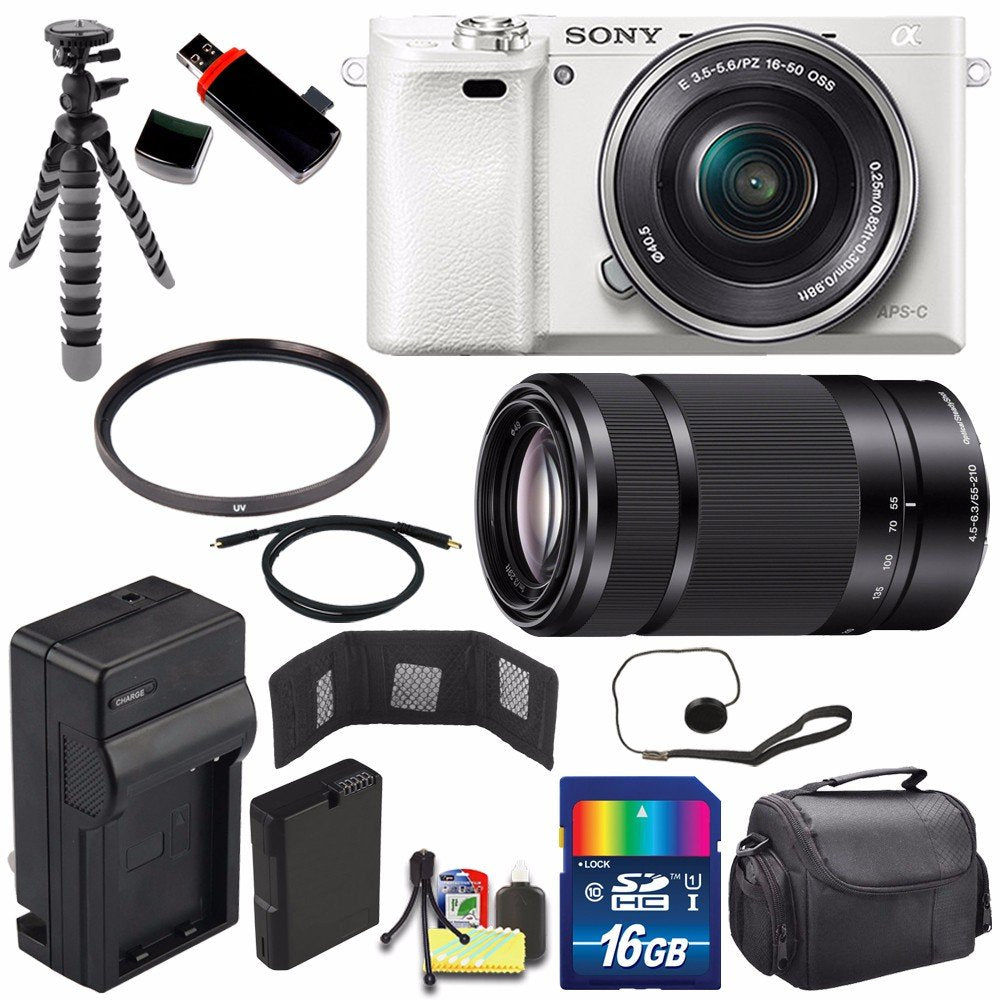 Sony Alpha a6000 Mirrorless Digital Camera with 16-50mm Lens (White) + Sony E 55-210mm f/4.5-6.3 OSS E-Mount Lens 16GB Advanced Bundle