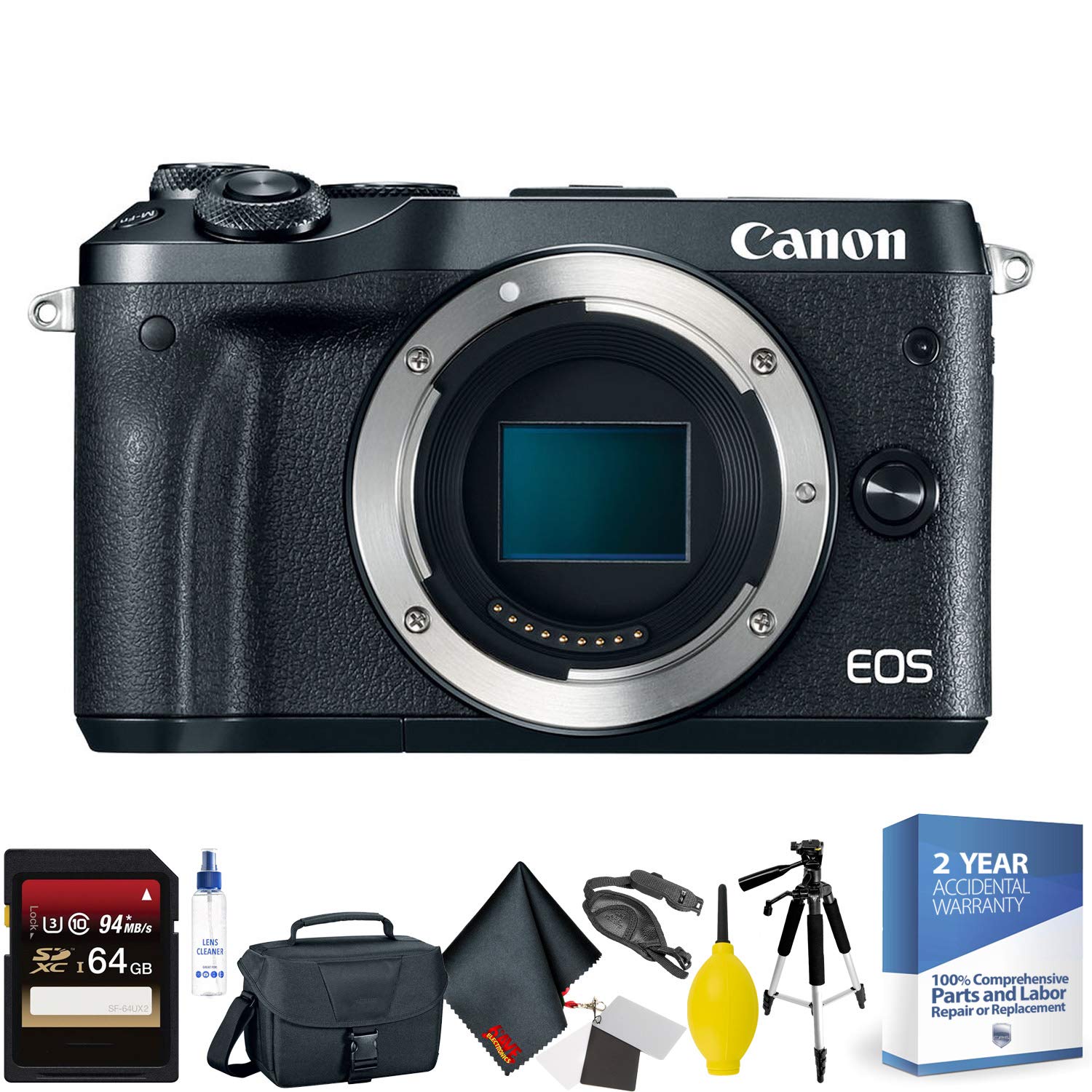 Canon EOS M6 Mirrorless Digital Camera Body Only, Black + 64GB Memory Card + Mega Accessory Kit + 2 Year Accidental Wa