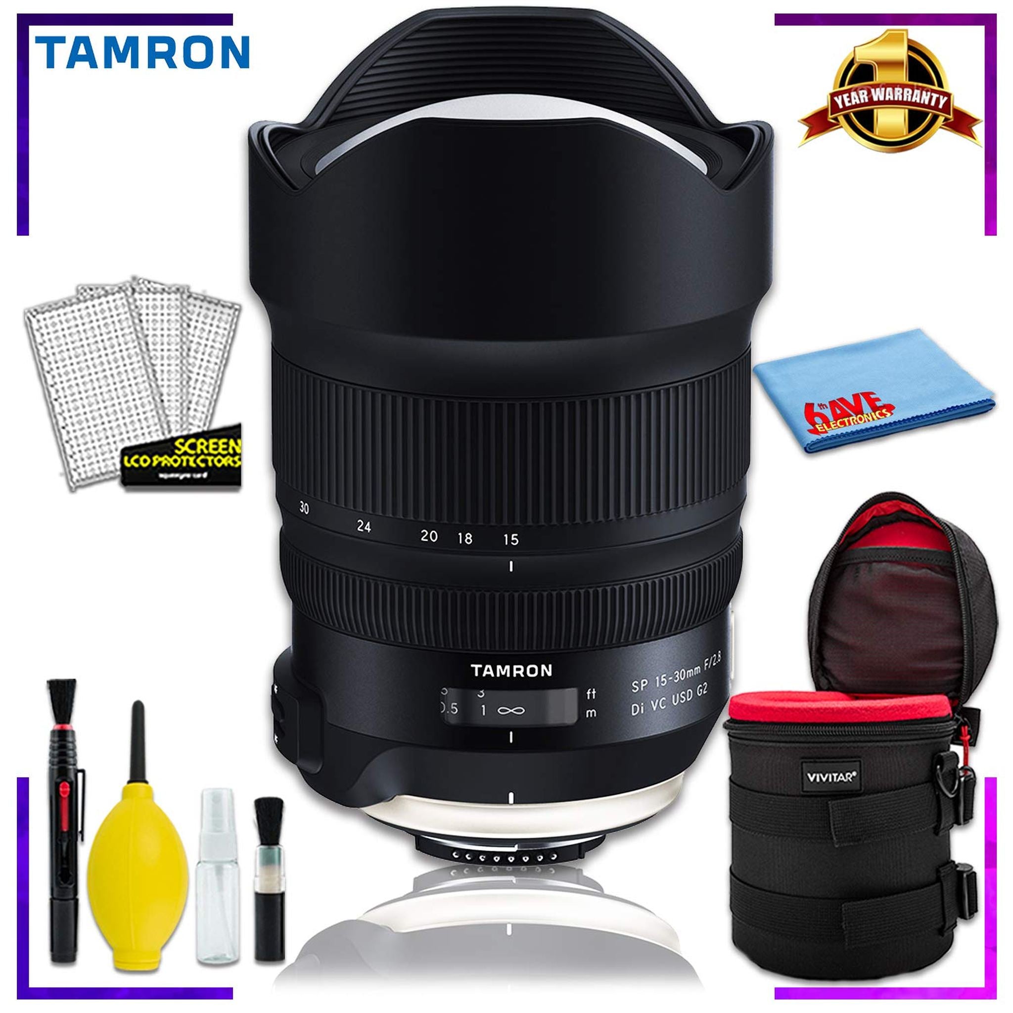 Tamron SP 15-30mm f/2.8 Di VC USD G2 Lens for Nikon F Intl Model + 6 inch Vivitar Premium Lens Case + Cleaning Kit
