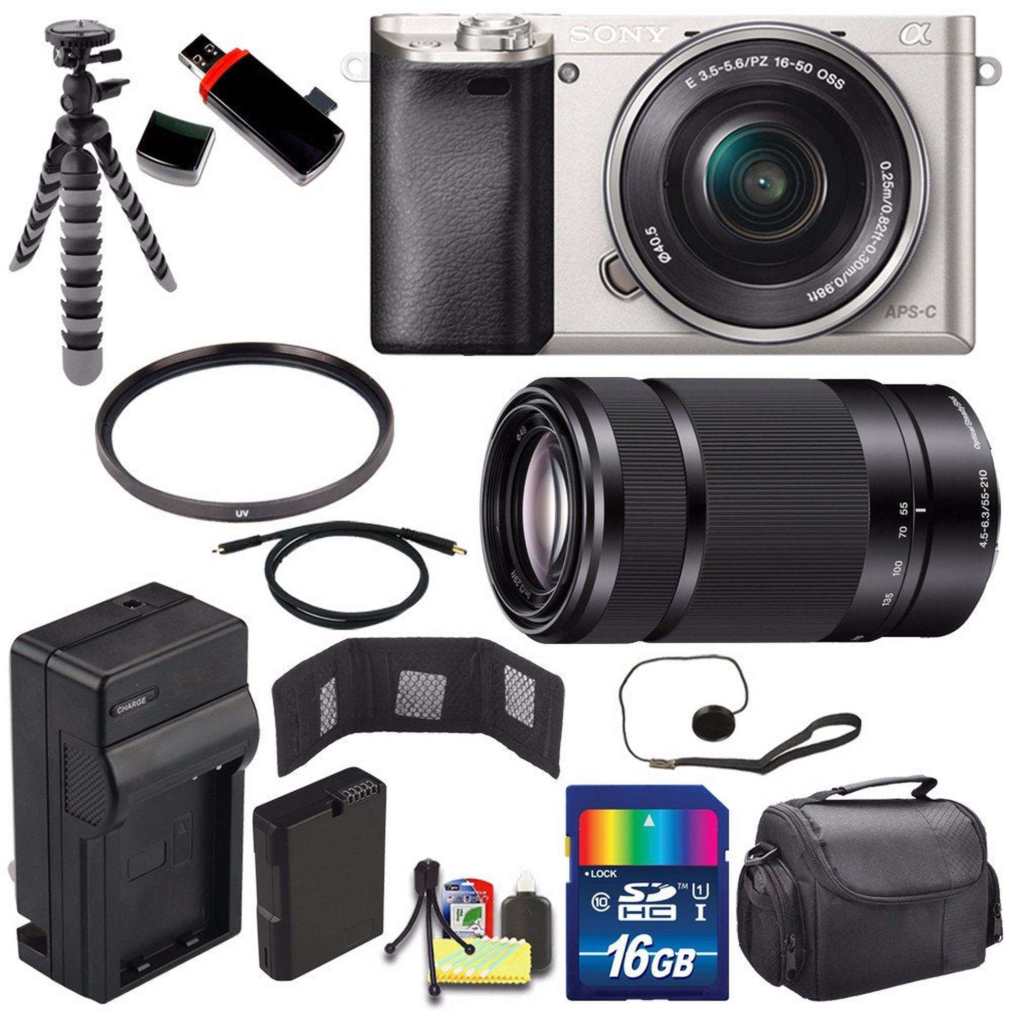 Sony Alpha a6000 Mirrorless Digital Camera with 16-50mm Lens Silver + Sony E 55-210mm f/4.5-6.3 OSS E-Mount Lens 16GB - Used Sony