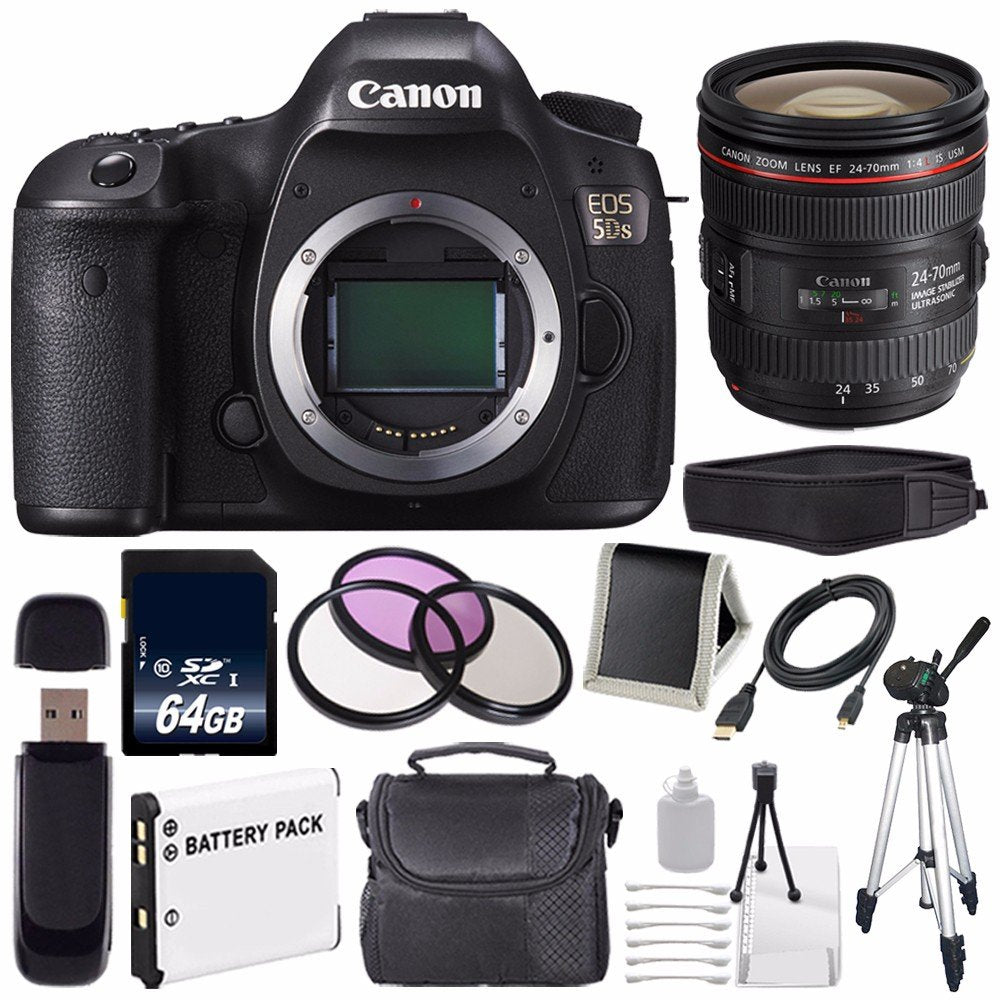 Canon EOS 5DS DSLR Camera (International Model) 0581C002 + Canon EF 24-70mm f/4L is USM Lens + LP-E6 Battery + 64GB Card Outdoor Bundle