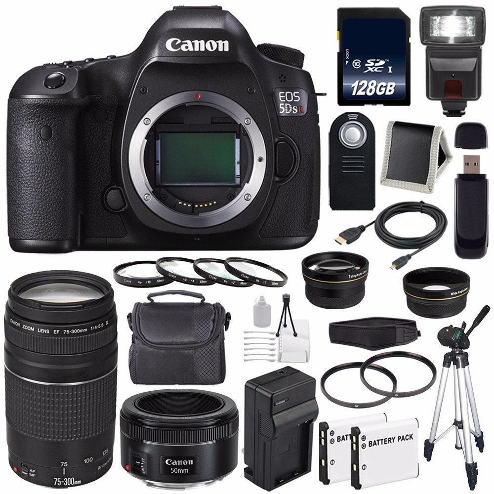 Canon EOS 5DS R DSLR Camera (International Model) 0582C002 + Canon EF 75-300 III+ EF 50mm f/1.8 STM Lens + LP-E6 Replace