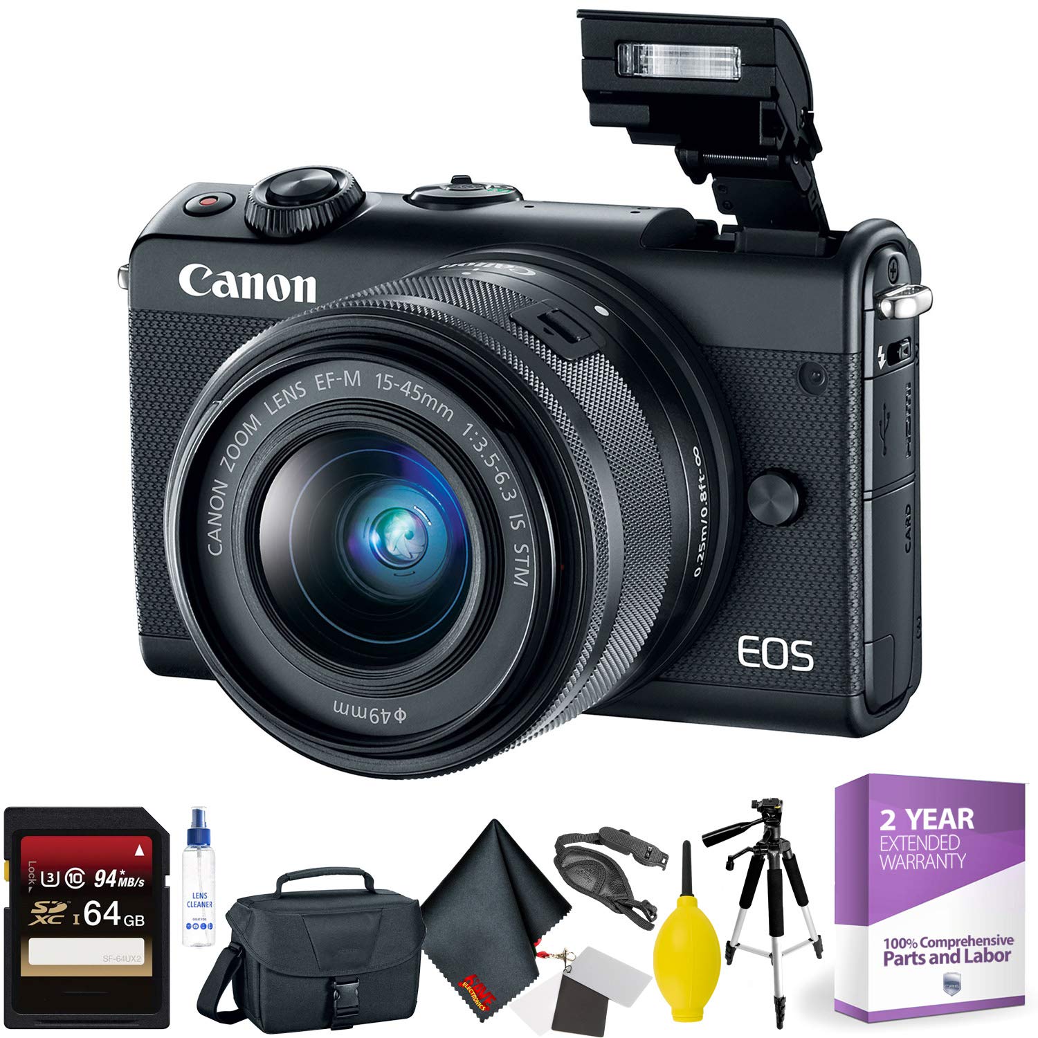 Canon EOS M100 Mirrorless Digital Camera with 15-45mm Lens Black + 64GB Memory Card + Mega Accessory Kit + 1 Year Warr