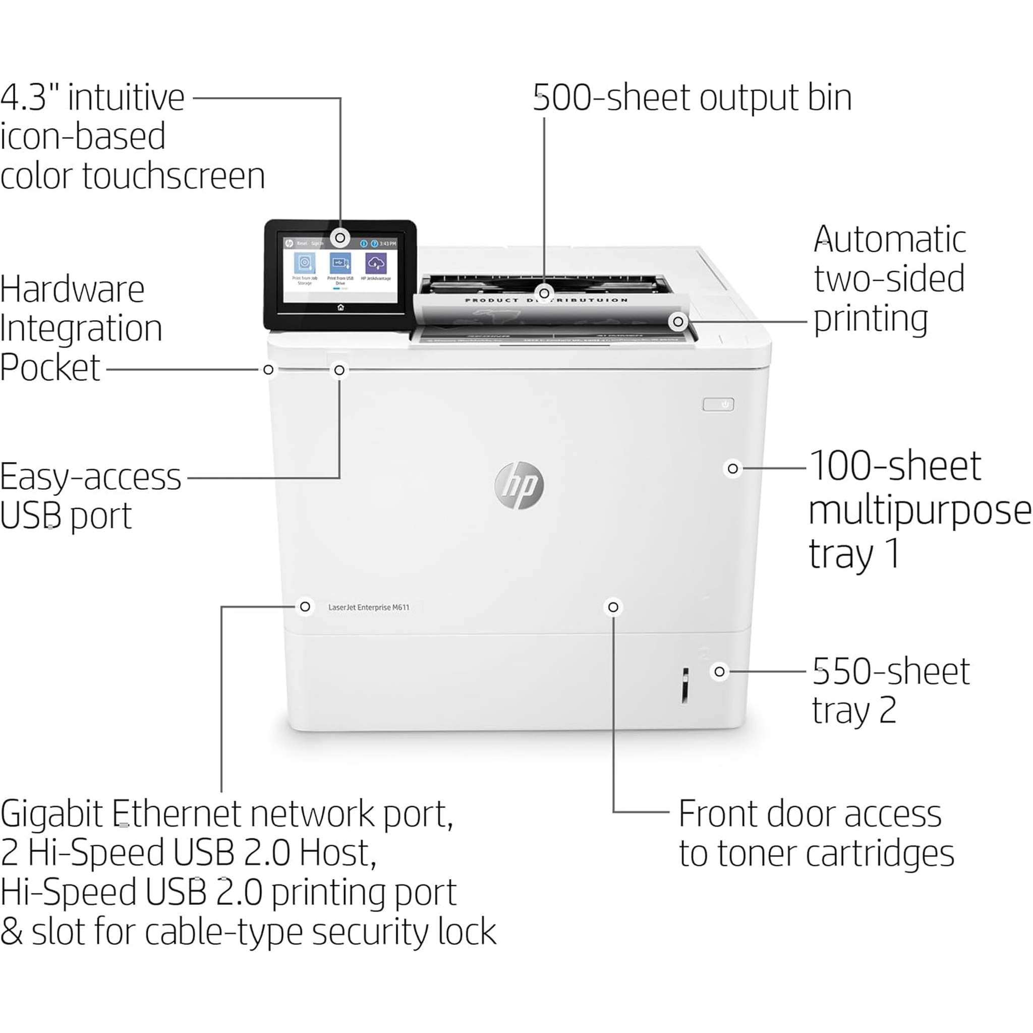 HP LaserJet Enterprise M611dn Monochrome Printer with built-in Ethernet & 2-sided printing 7PS84A